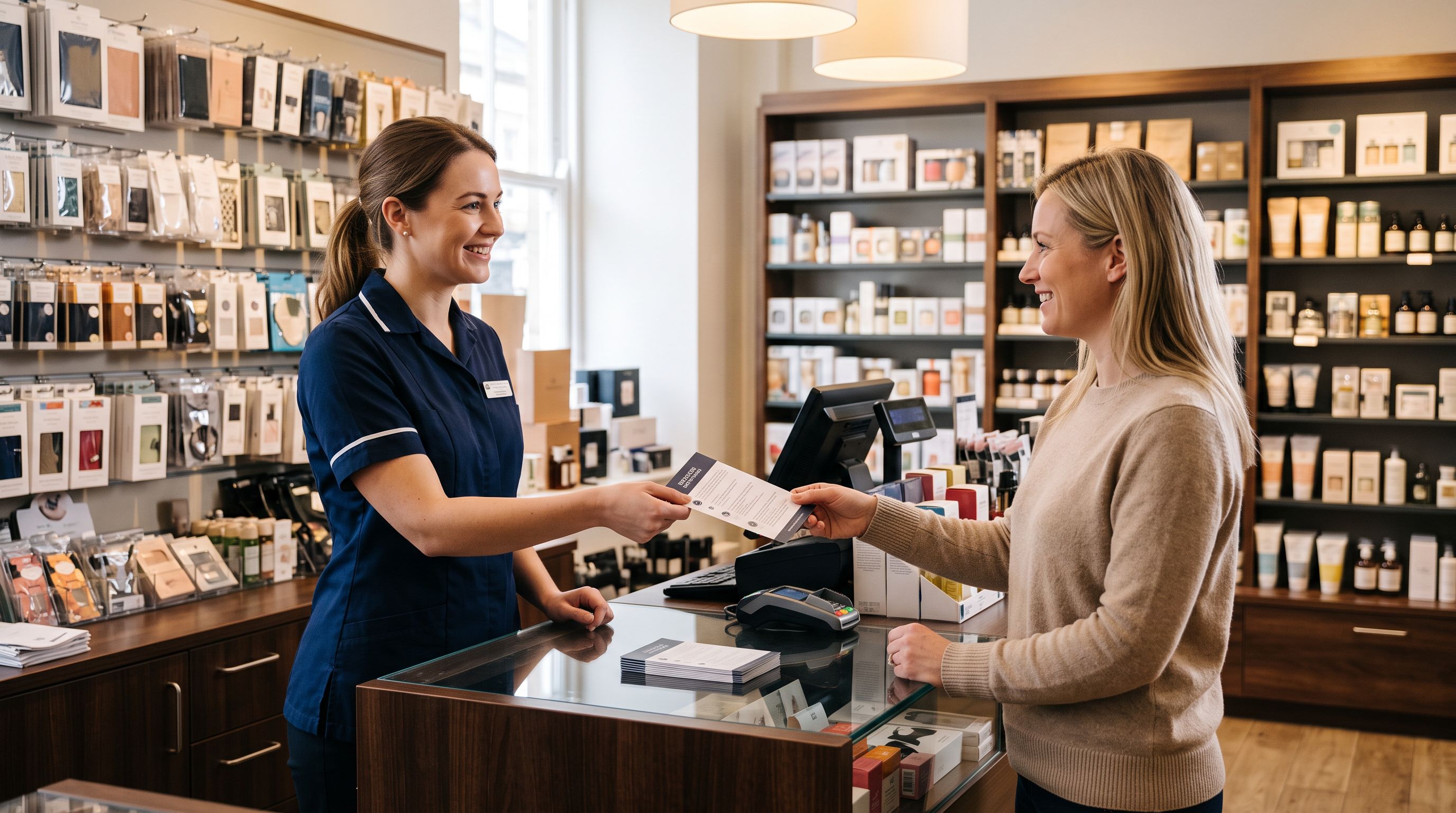 A retail assistant handing a folded product FAQ card to a customer at a service counter, with packaged products visible on the shelving behind them.