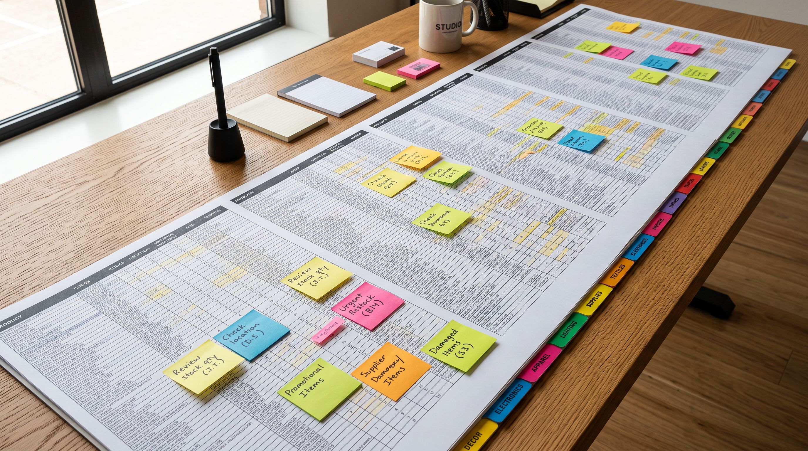 A long printed product inventory list spread across a wide desk with category divider tabs and coloured sticky notes marking different product groups, suggesting a large-scale catalogue organisation task.