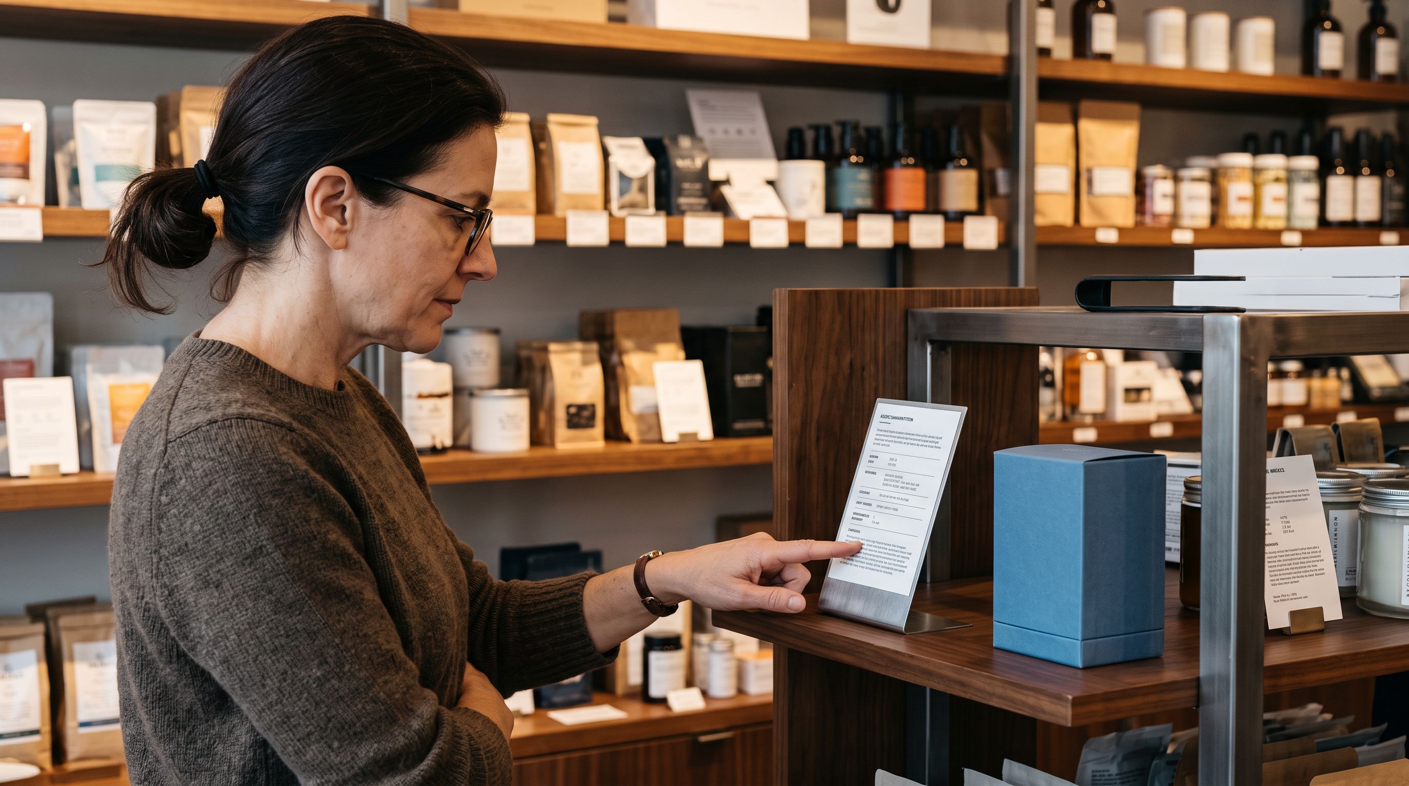 A customer standing at a retail display reading a detailed product information card mounted beside a packaged product, with their finger pointing at a specific answer in the FAQ section of the card.
