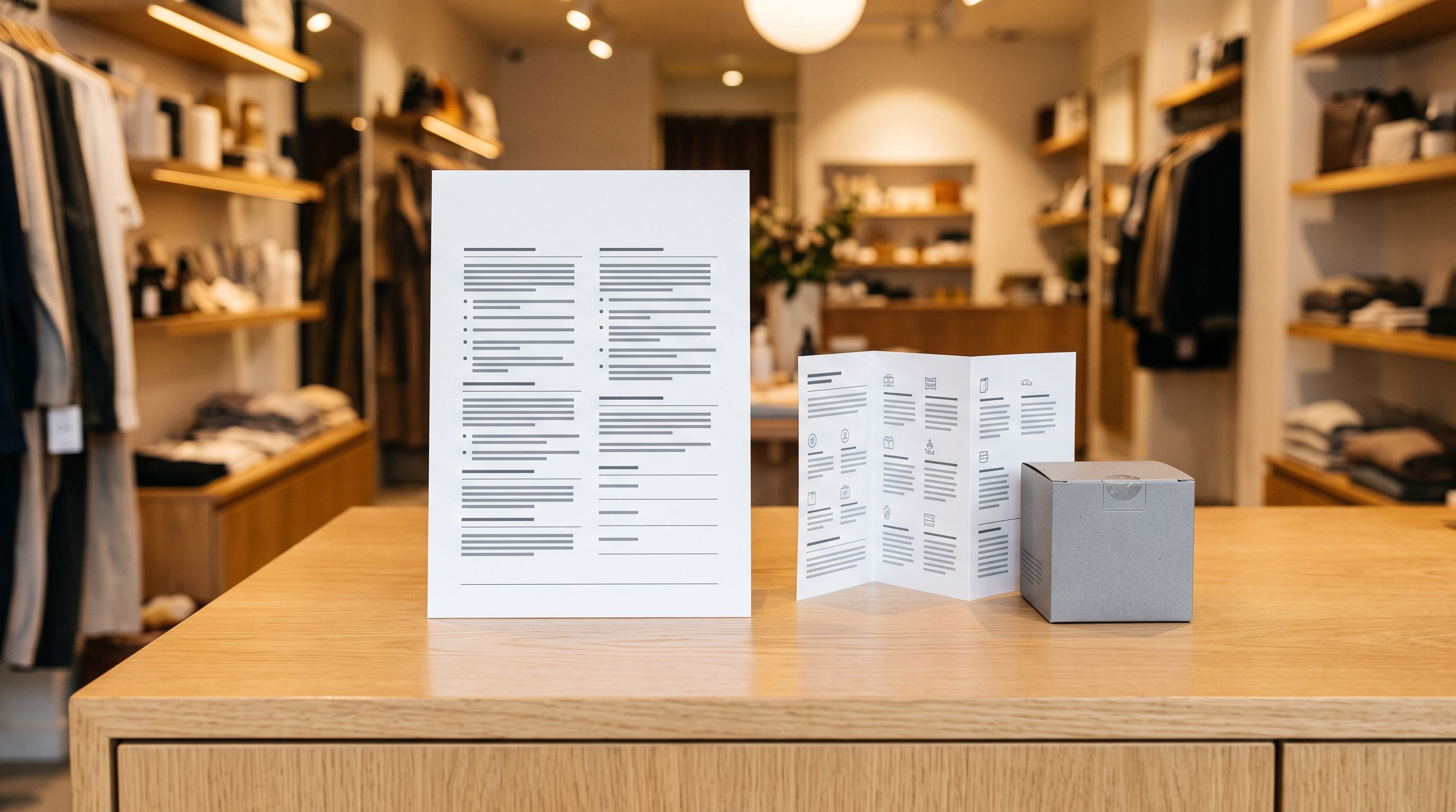 A printed sheet of product frequently asked questions laid out in a two-column format on a white retail counter beside a folded product information card.