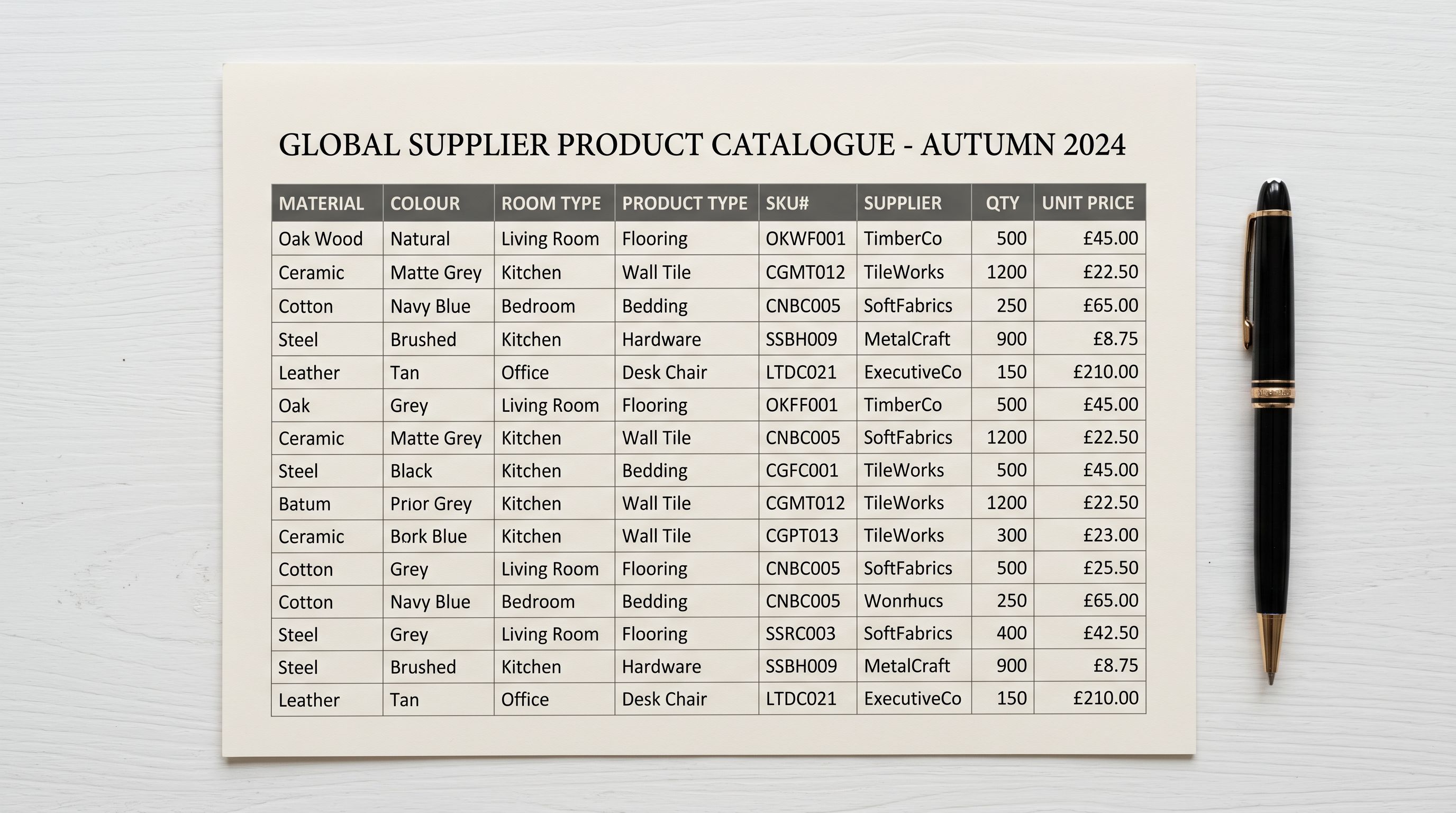 Printed supplier product data spreadsheet with material and colour column headers on a white surface.
