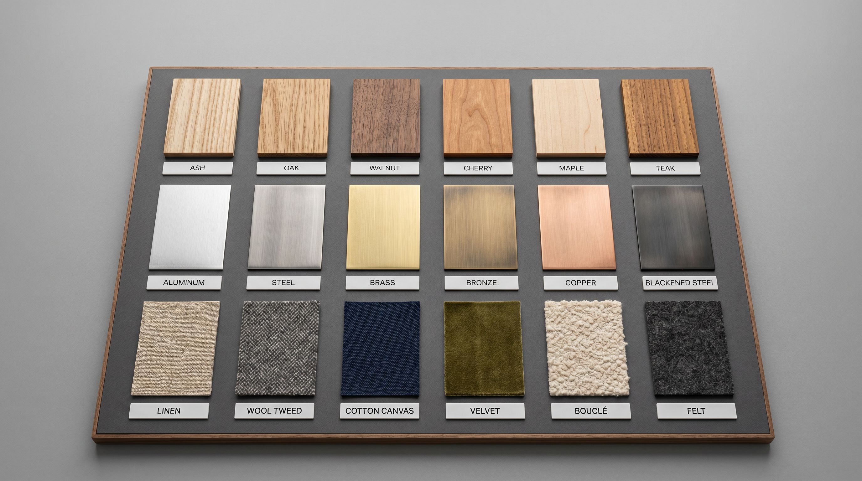Material sample swatches showing timber veneer, metal finish, and fabric cards organised by category.