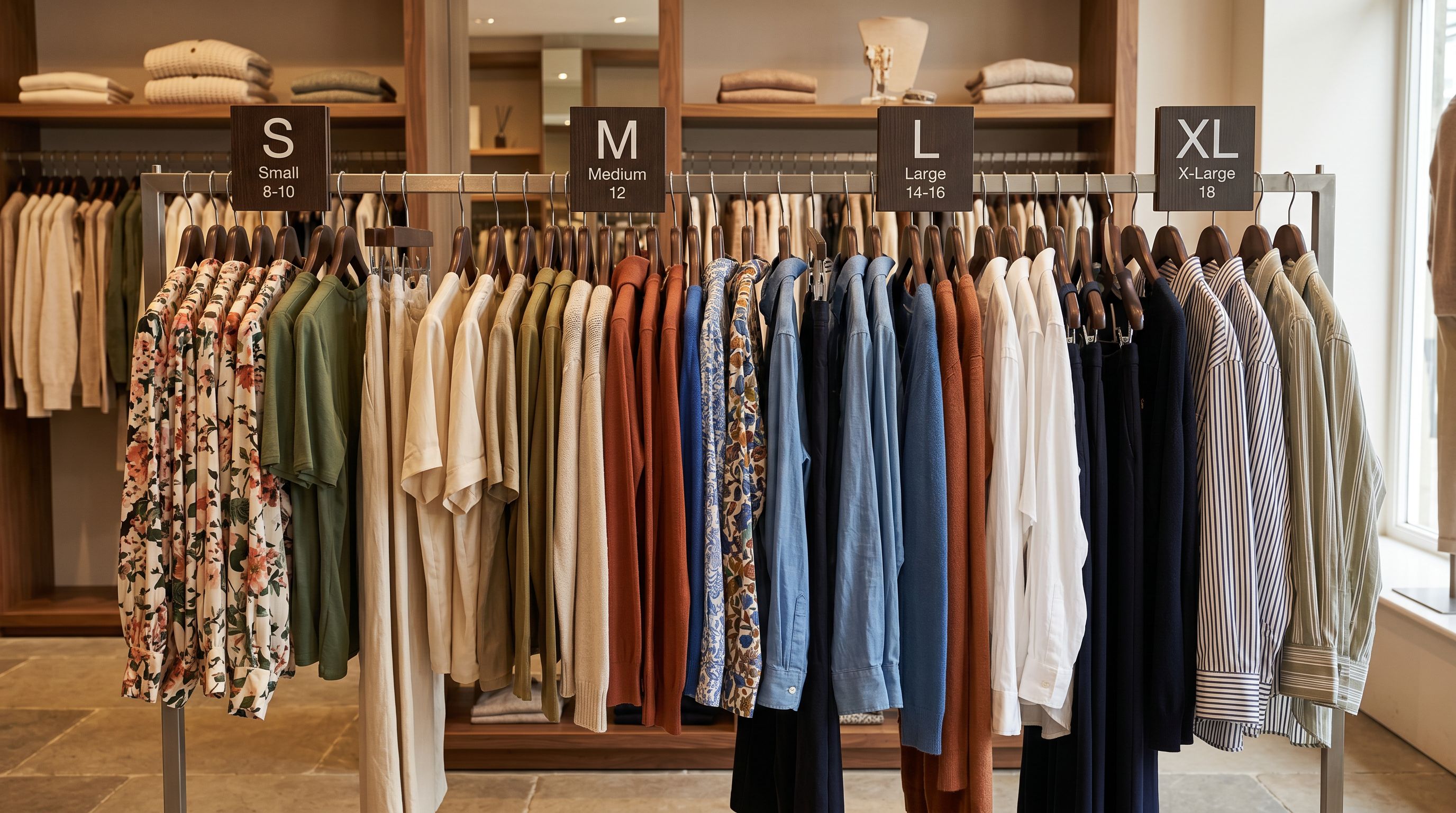 Clothing garments on hanging rails organised into sections divided by size category labels in a retail store.