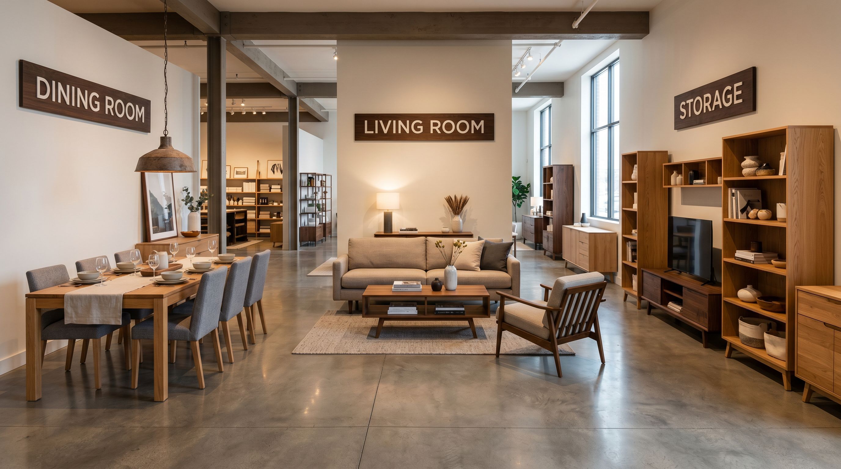 A retail furniture showroom interior with three clearly labelled category display sections.