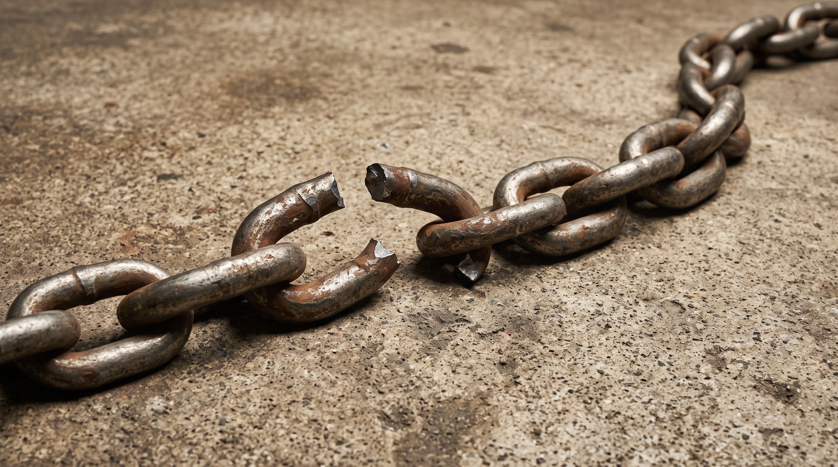 A broken chain link on concrete beside intact chain links, representing a broken URL connection.