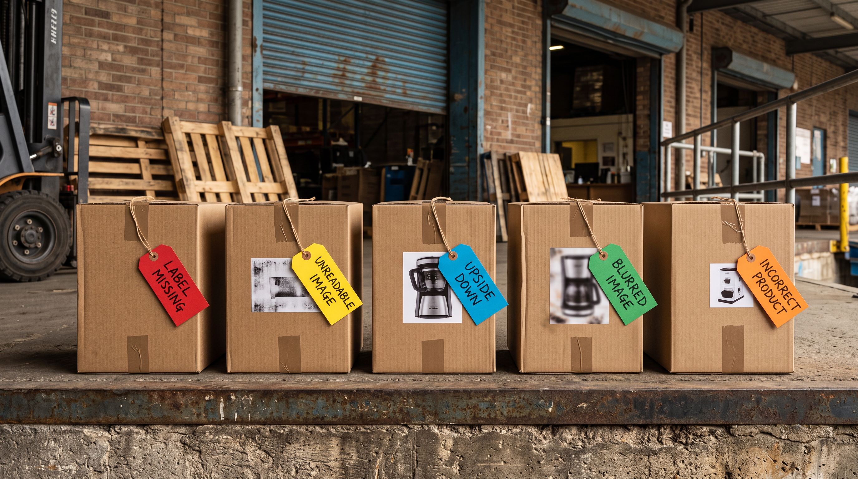 Five product shipping cartons on a loading dock each tagged differently to indicate a distinct image import failure type