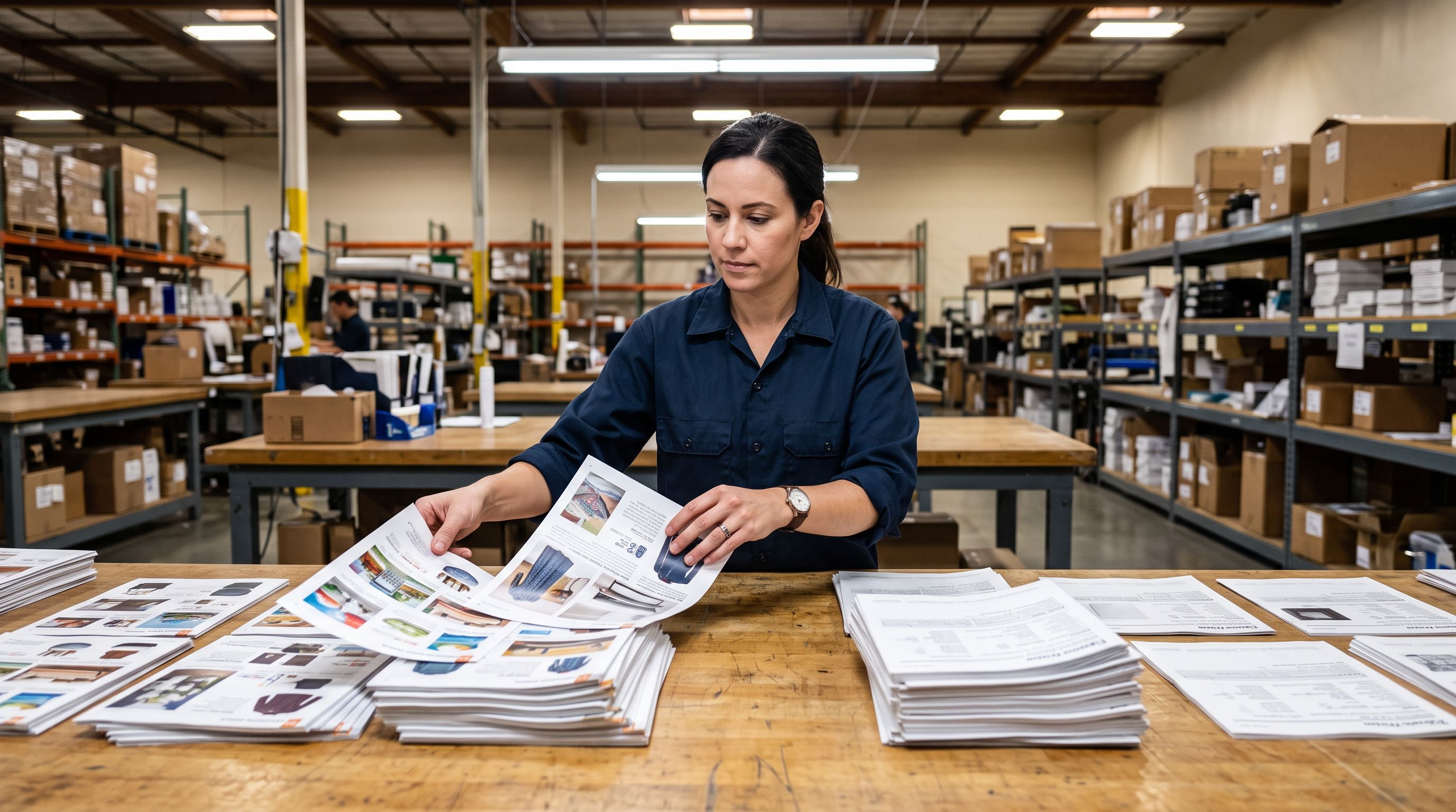 Person at a sorting table separating printed product catalogue pages into two piles based on whether they have product images or blank placeholders