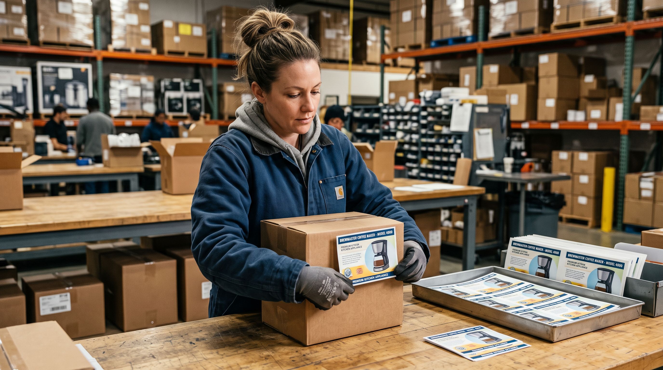 Warehouse worker carefully applying a printed product image label to a plain cardboard box from an organised tray of labels on a workbench