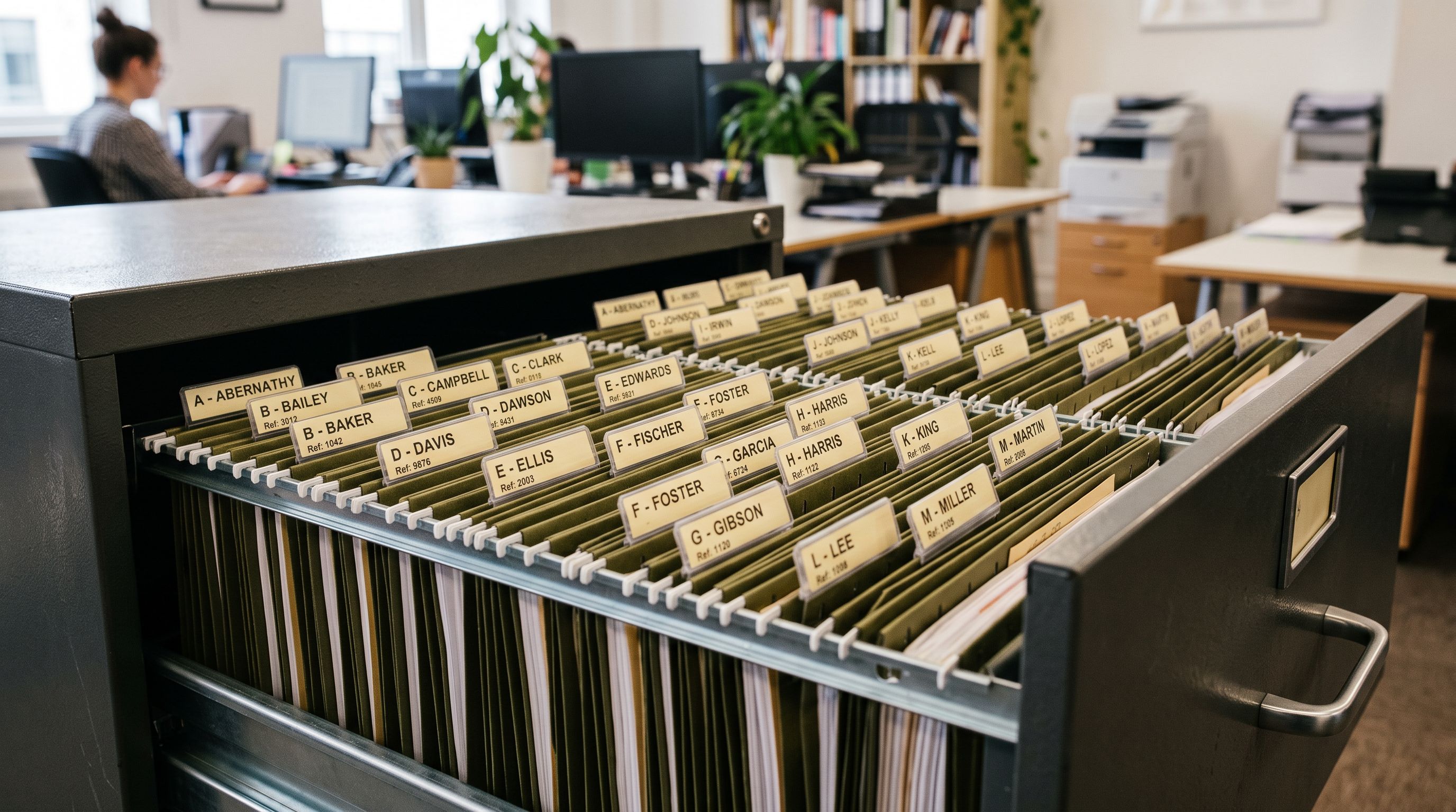 Filing cabinet drawer with folders showing the disorder of alphabetical versus numeric sequence sorting