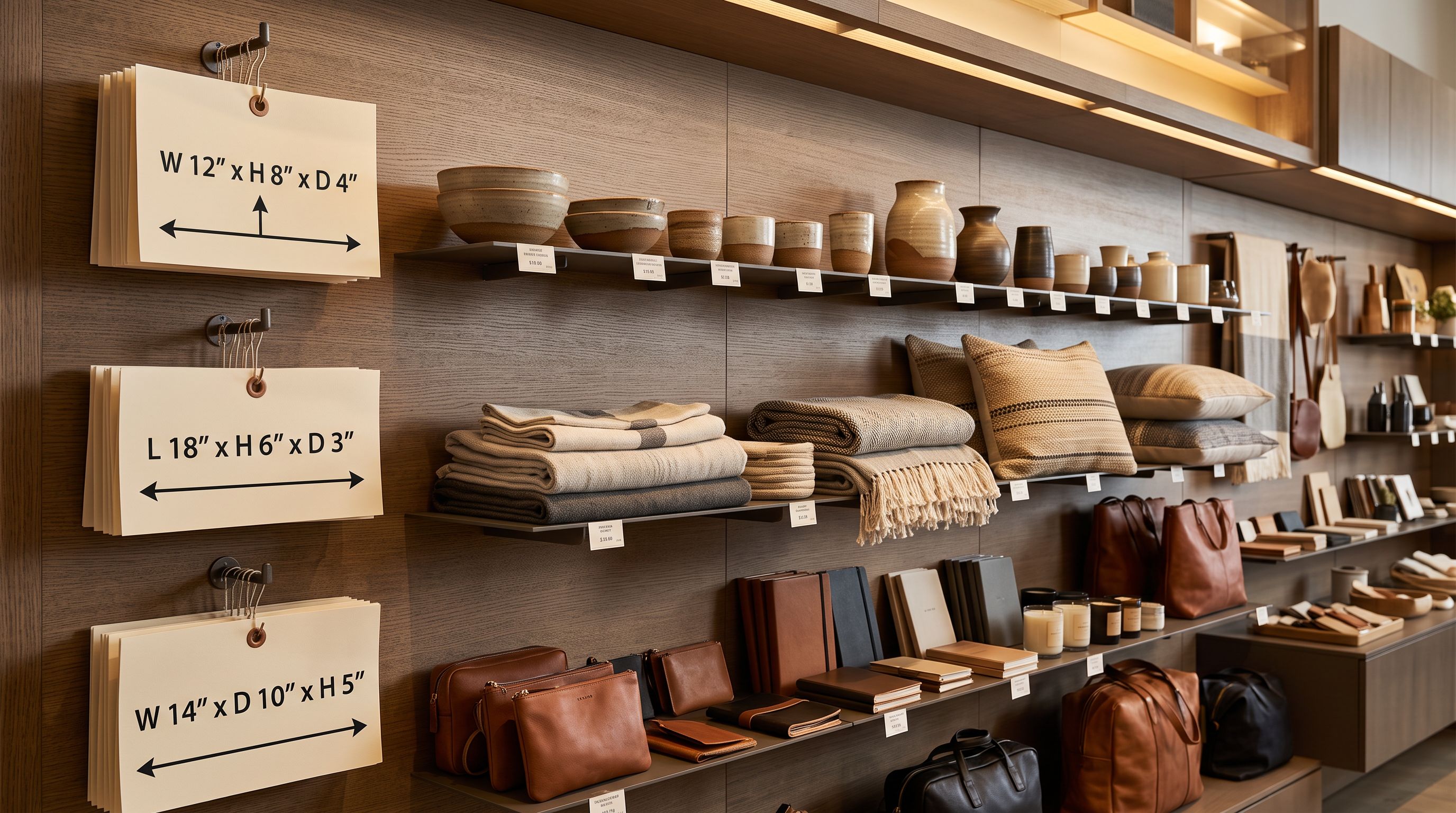 Retail display wall showing measurement diagrams appearing instead of products as the main visible element