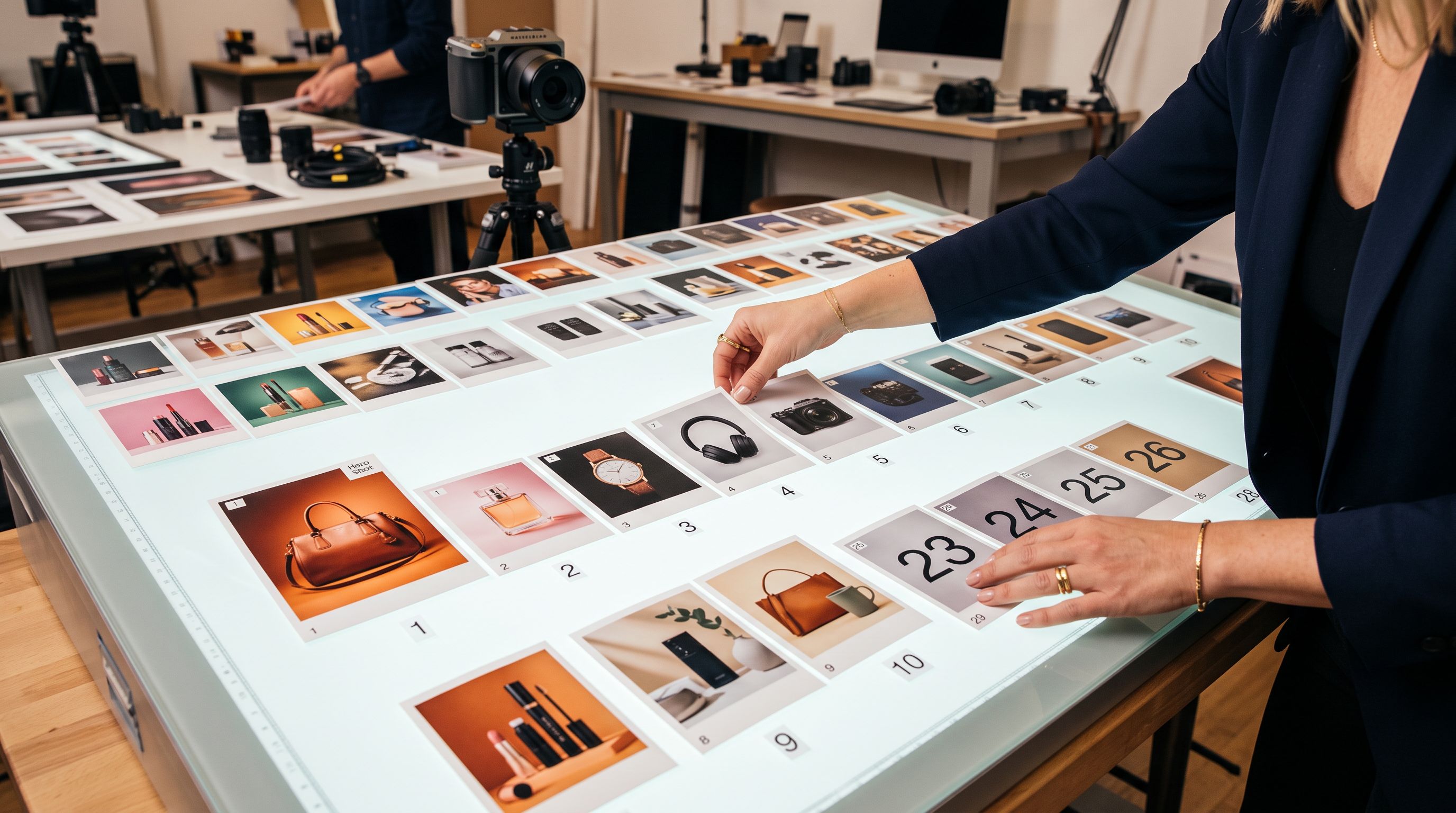 Hands sorting and arranging product photographs on a light table placing hero shots first in sequence
