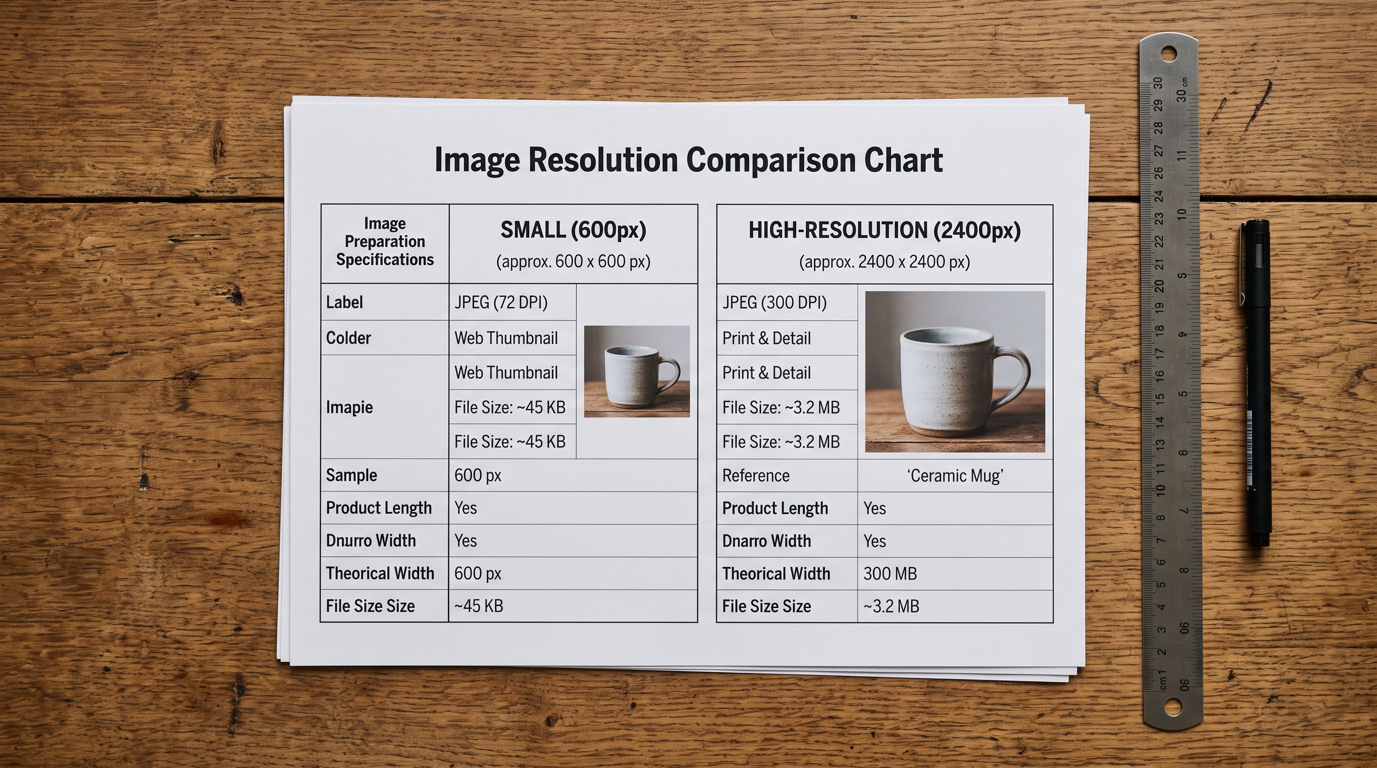 A printed image resolution comparison chart on a desk showing file dimensions and file sizes for different product image formats, representing the image preparation process before a Shopify product import.