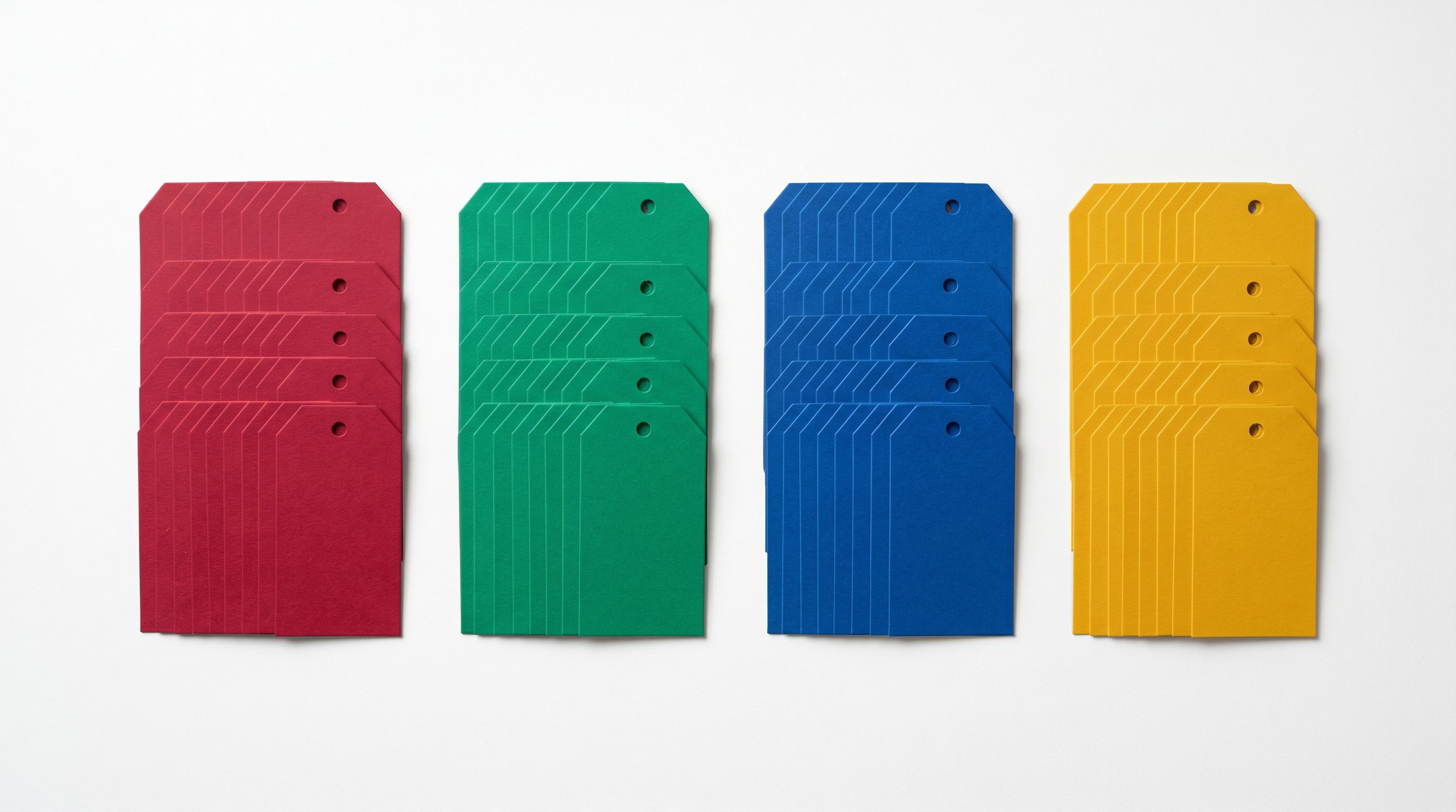 Colourful product tags sorted into neat colour-coded groups representing variant classification.