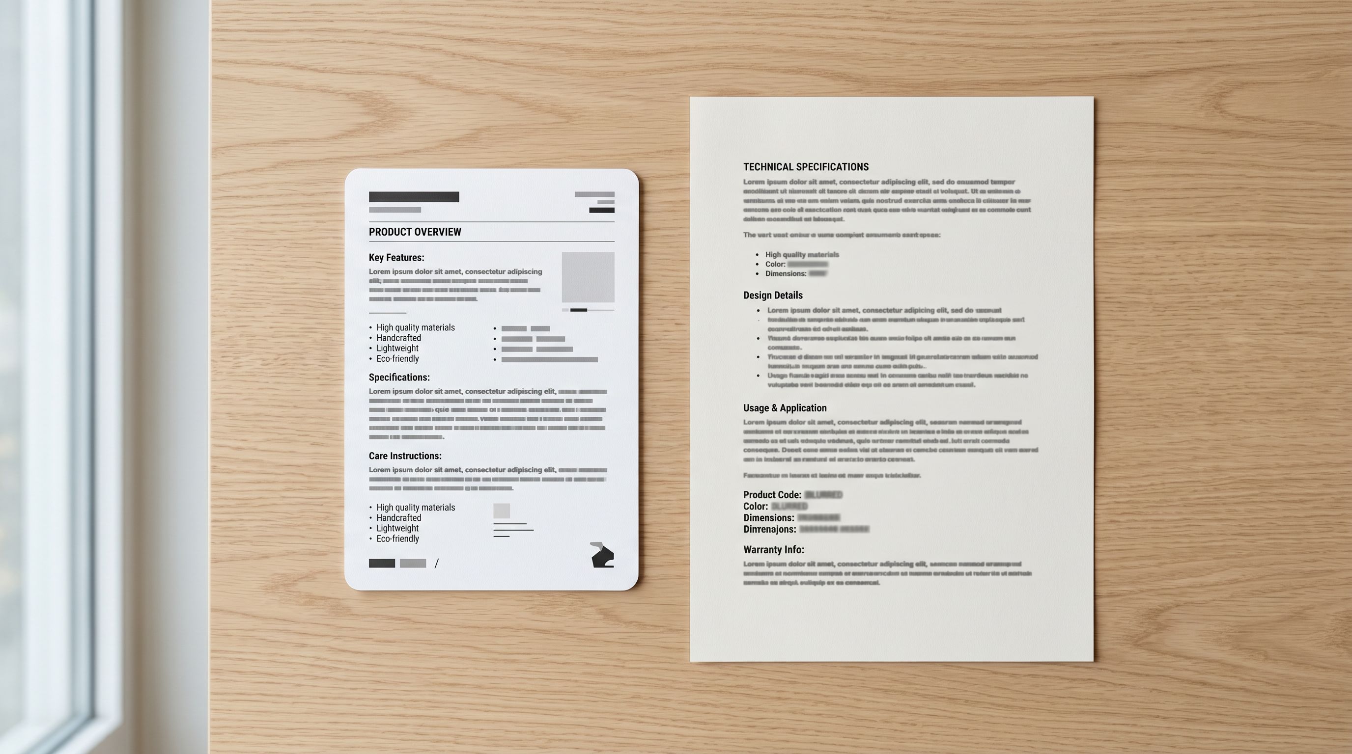 A clean typed product document beside a printed supplier information card on a wooden surface.