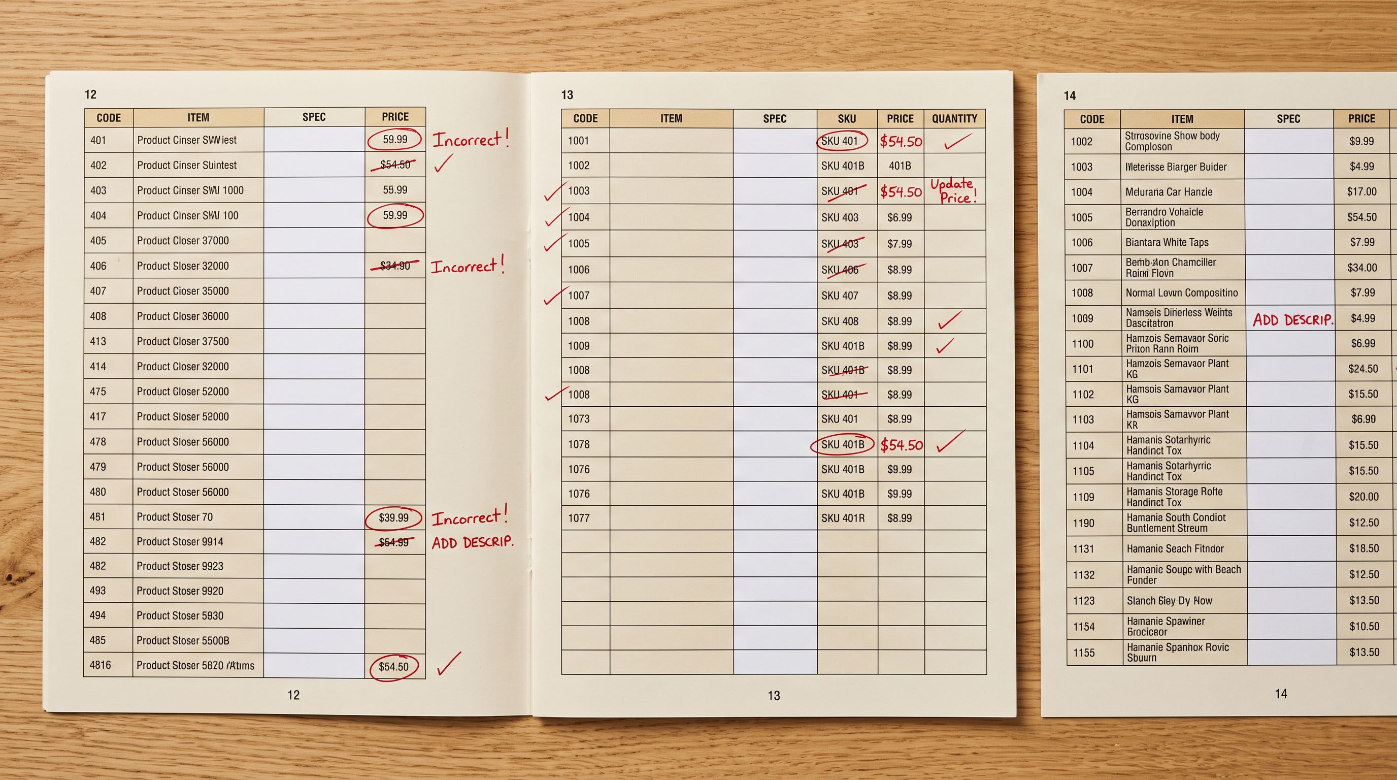 A desk with printed catalogue pages spread out showing rows with highlighted empty cells and corrected product data annotations in red pen.