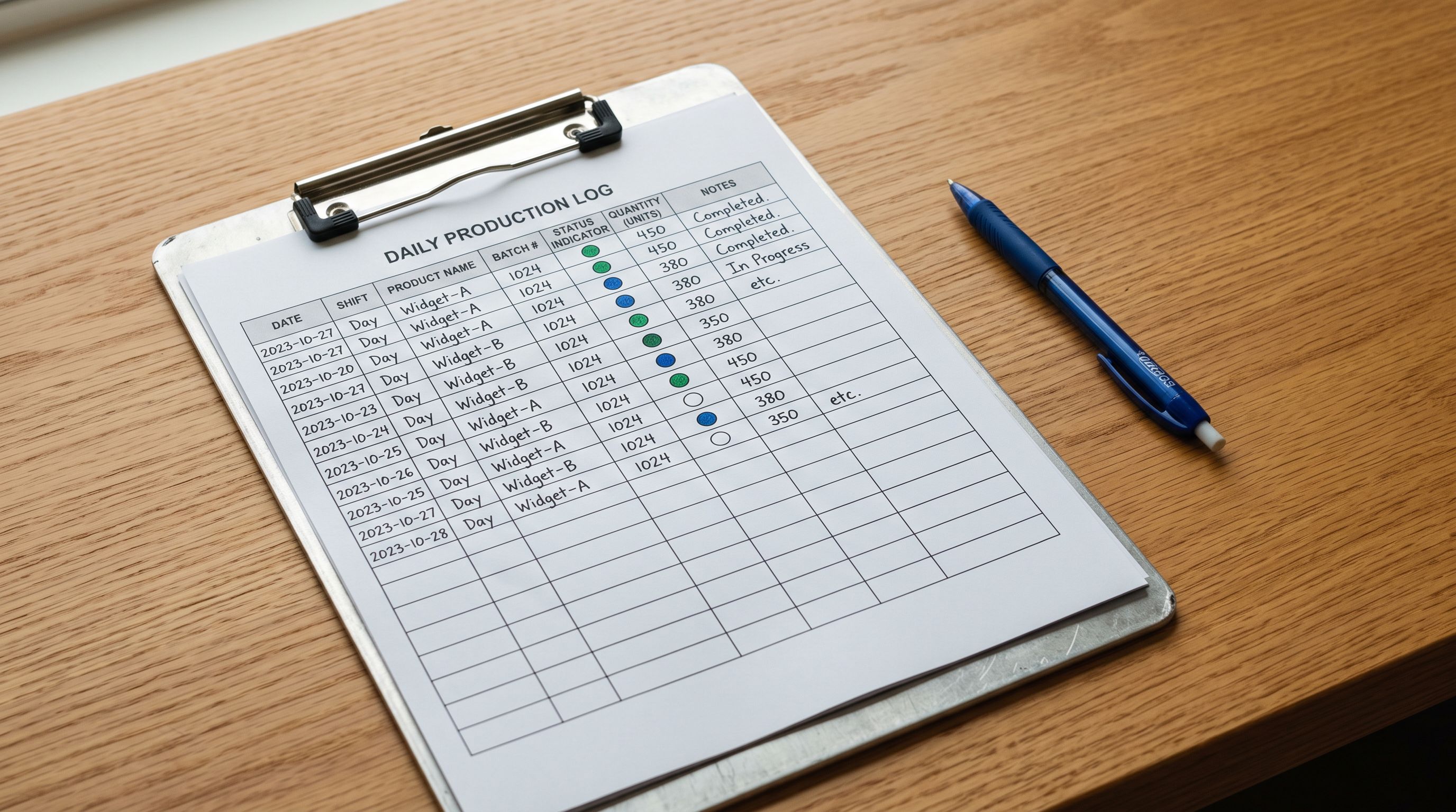 A product import history log printout showing rows with status indicators and product counts beside a corrected data file with highlighted column headings.