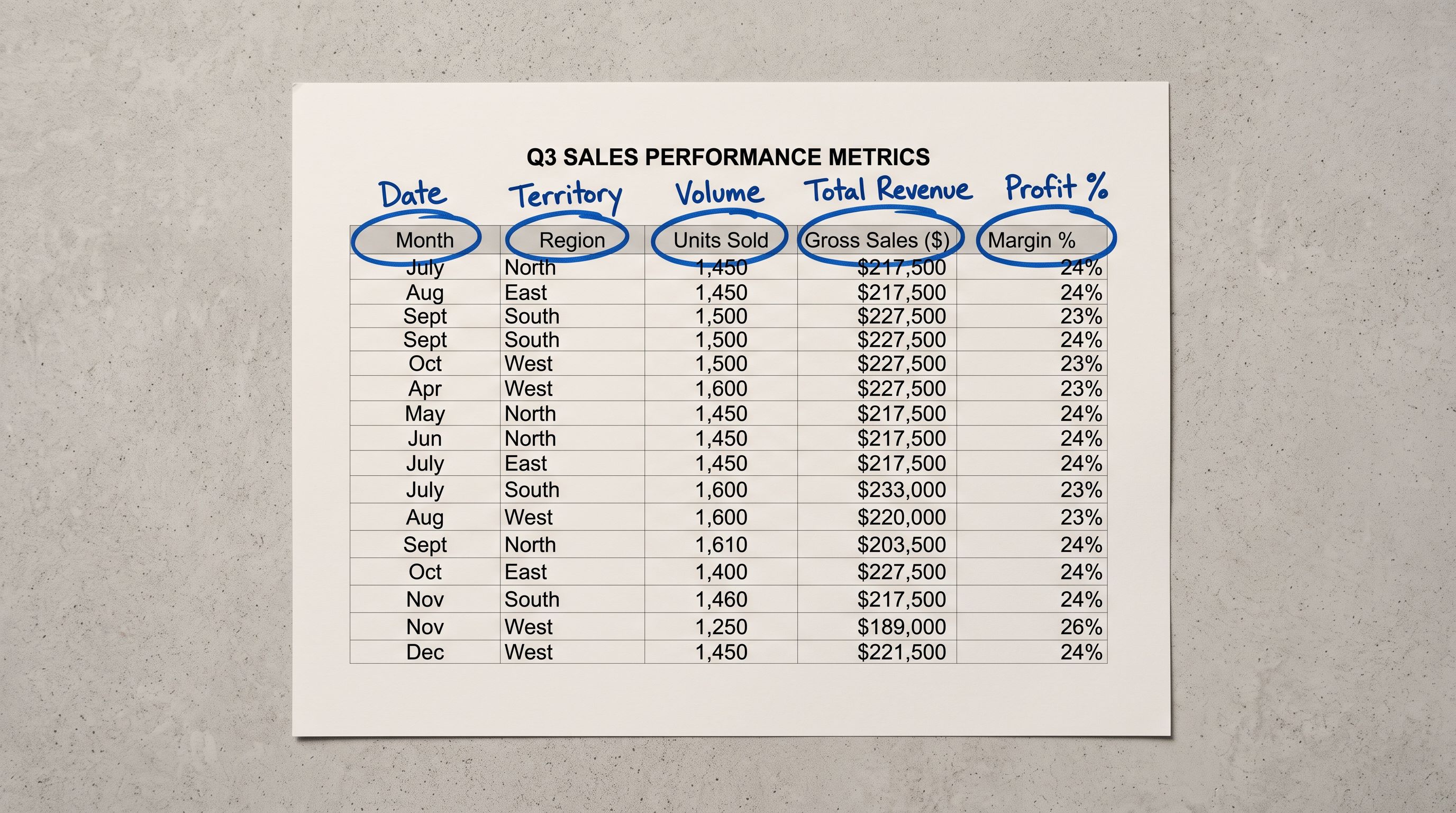 A printed spreadsheet on a light grey surface with column headings circled in blue marker and handwritten correction labels written above each circled heading.
