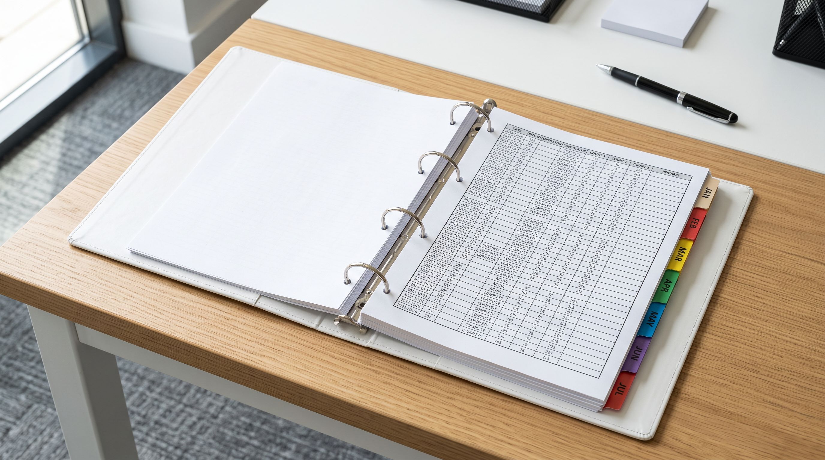 An open ring binder on a desk showing a printed import batch log with status columns and product count rows on tabbed pages.