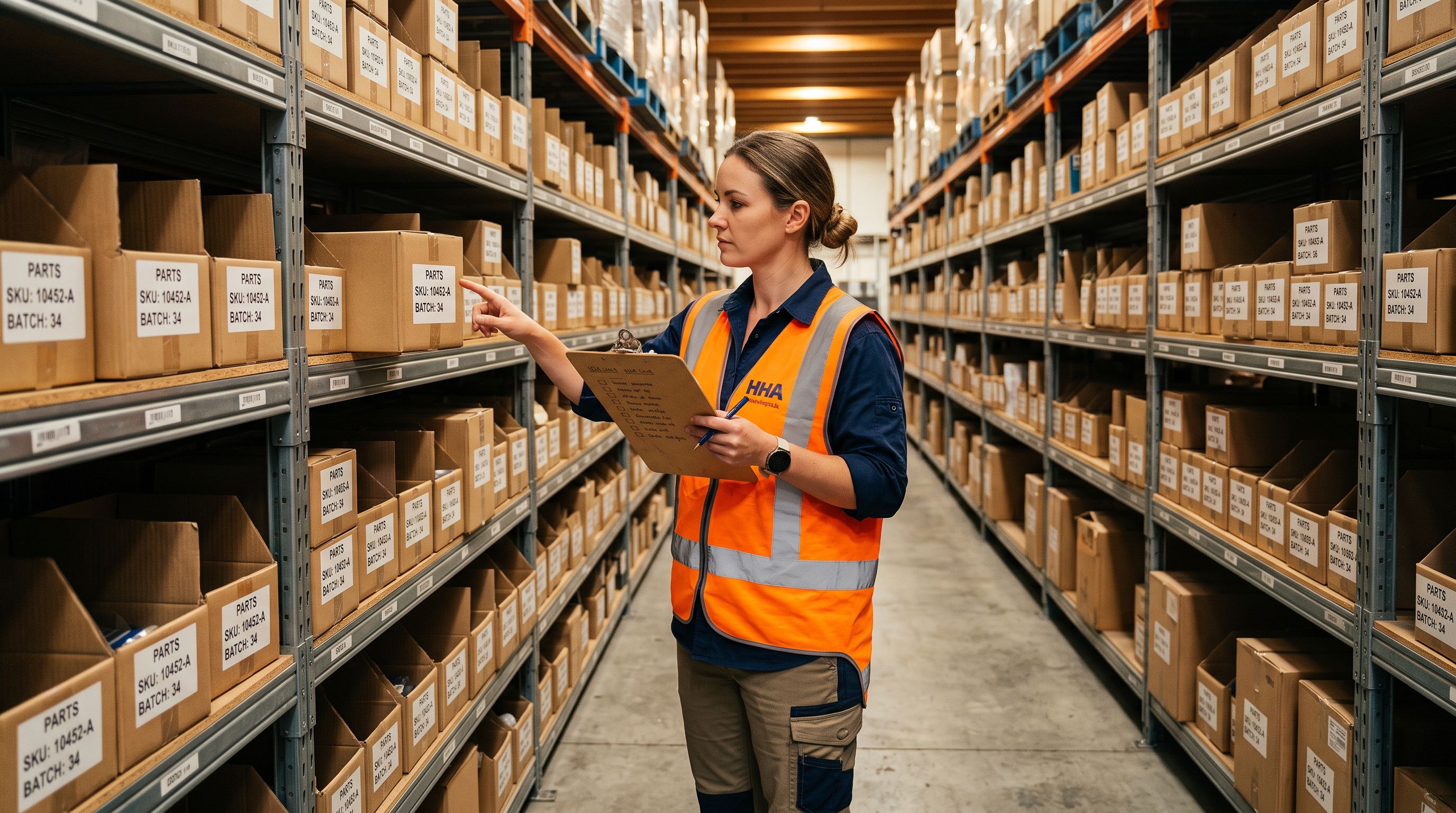 A warehouse worker checking products on a shelf against a printed checklist, verifying product labels and variant configurations row by row.