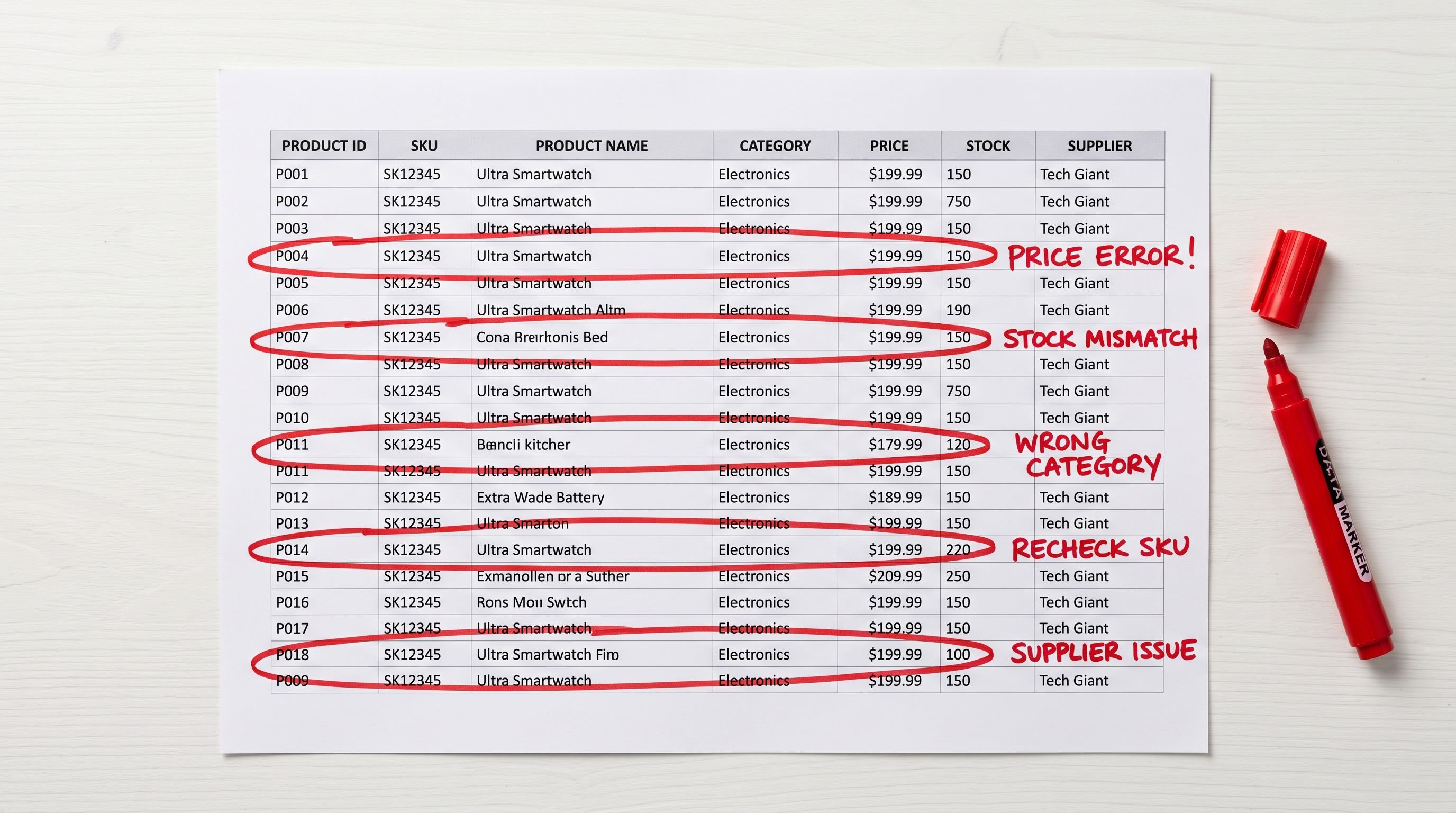 A printed product import error report spreadsheet on a white desk beside a red pen circling specific product rows with data quality issues highlighted.