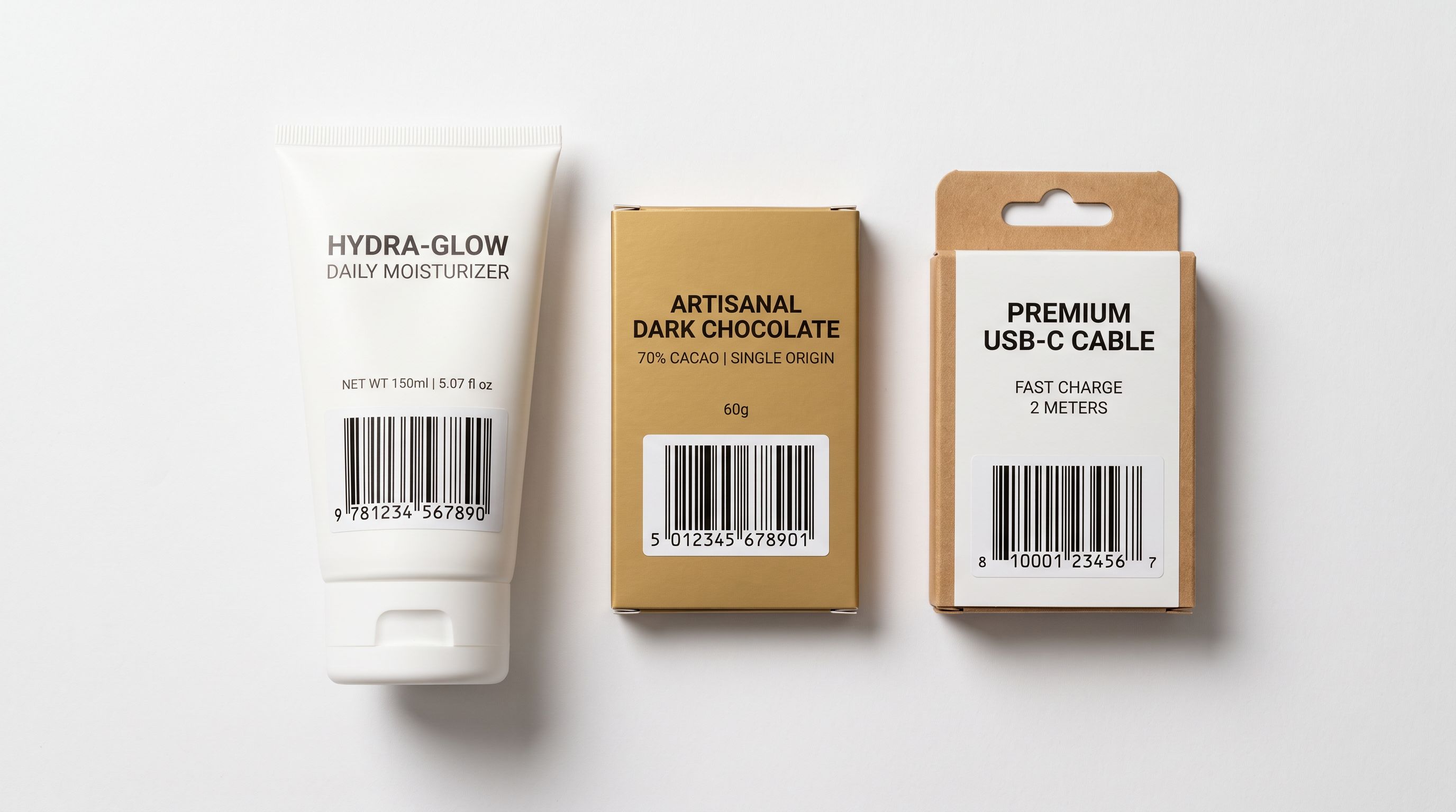 Assortment of consumer product packages displayed label-side up on a white surface showing clear barcode labels with number digits