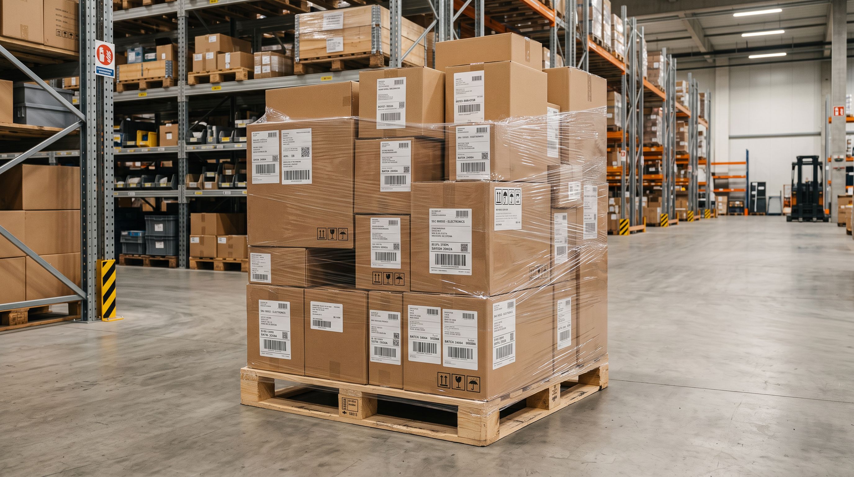 Wooden shipping pallet stacked with mixed labelled cardboard boxes of different sizes under fluorescent lighting in a warehouse