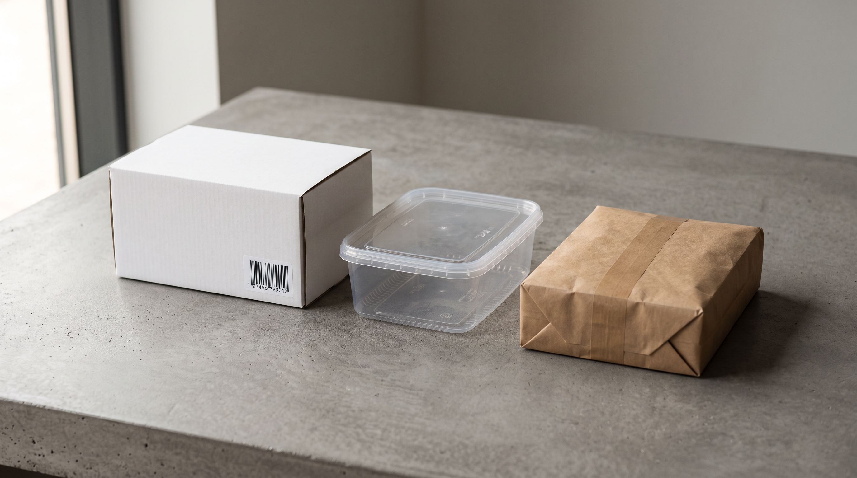 Collection of plain unlabeled white and kraft paper product packages without brand markings on a neutral grey surface