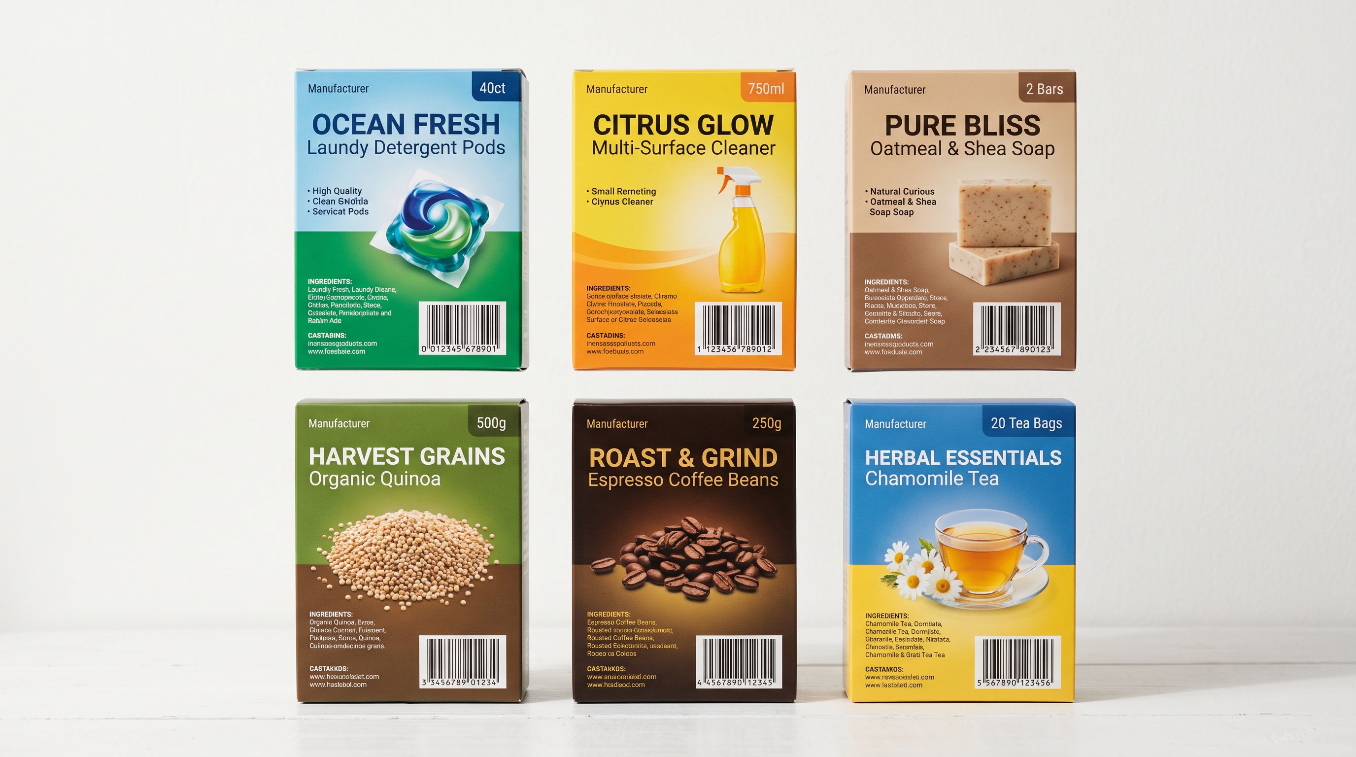 Six small consumer product packages with clear manufacturer labeling and barcodes arranged in a neat grid on a white surface
