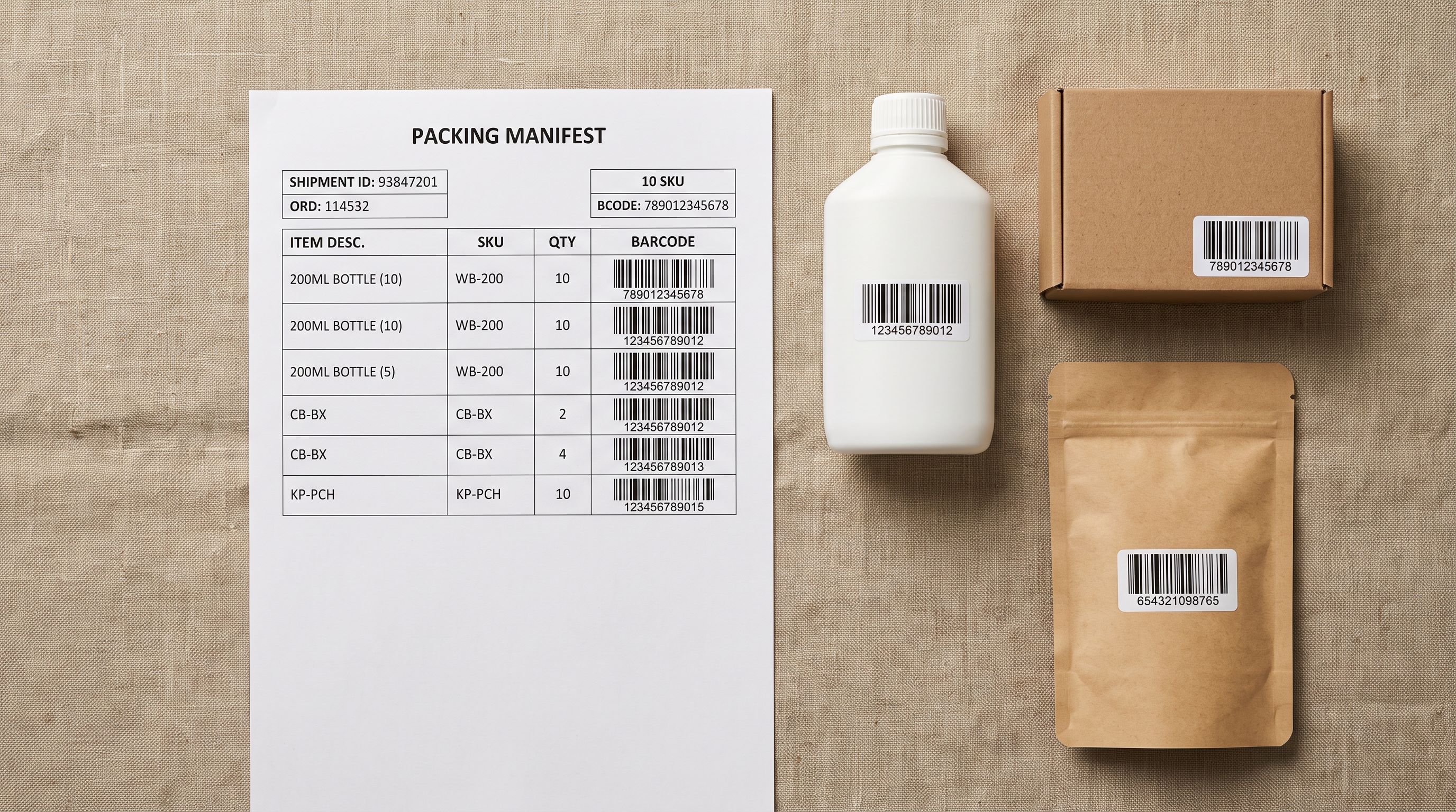 Printed packing manifest with barcode numbers next to three retail product packages bearing barcode labels on a linen surface