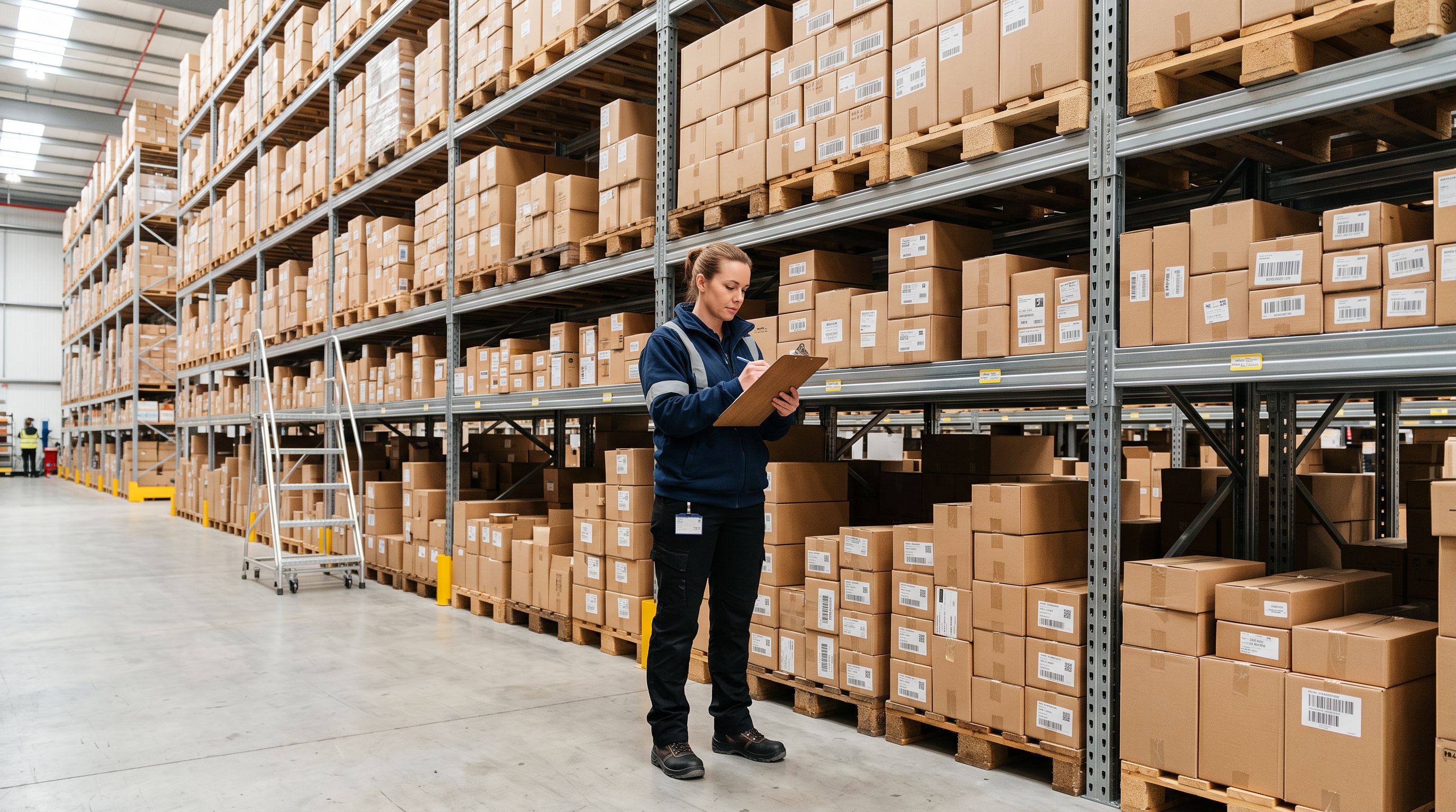 Person with clipboard checking products on warehouse shelving in a systematic inventory review