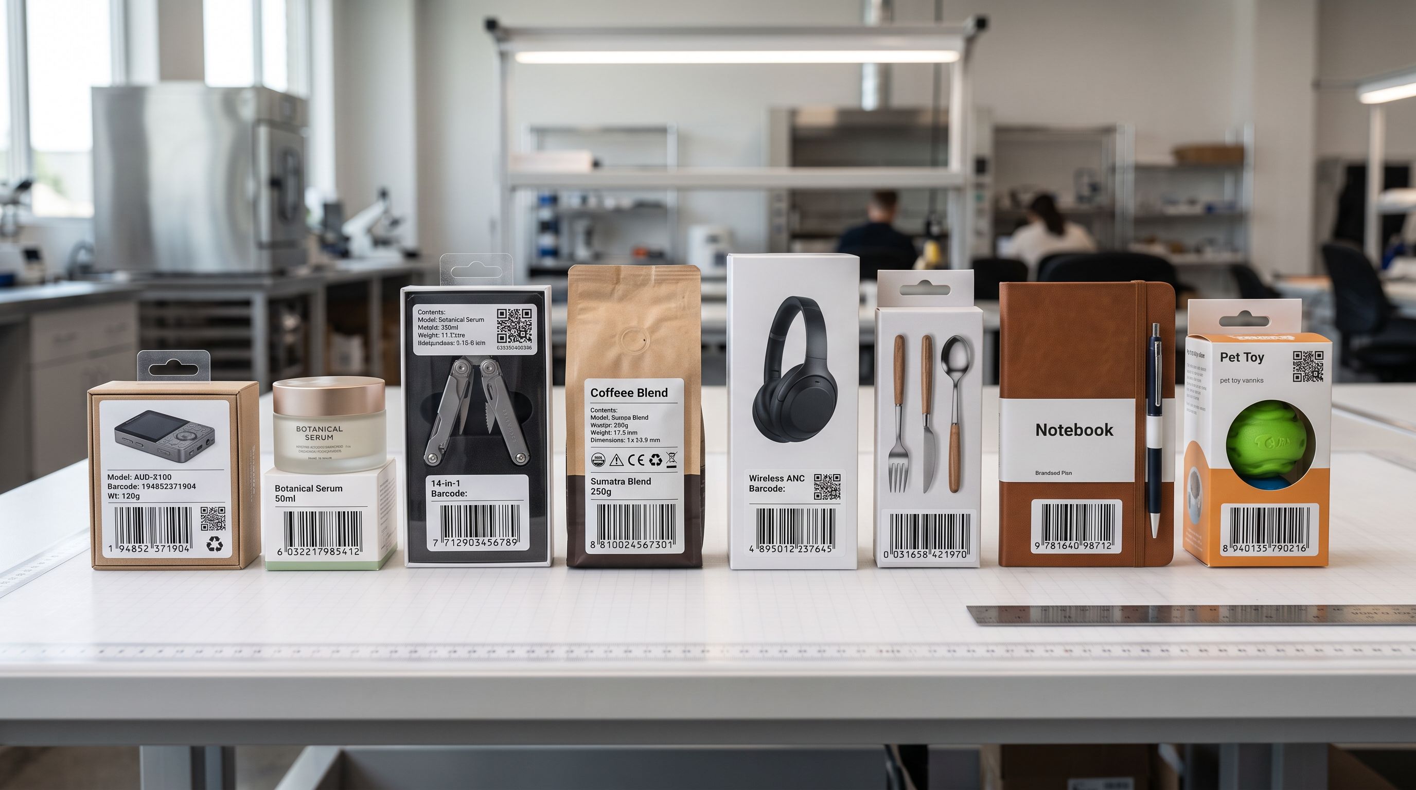 Retail product packaging arranged in a row on a white surface showing barcodes and specifications for quality audit