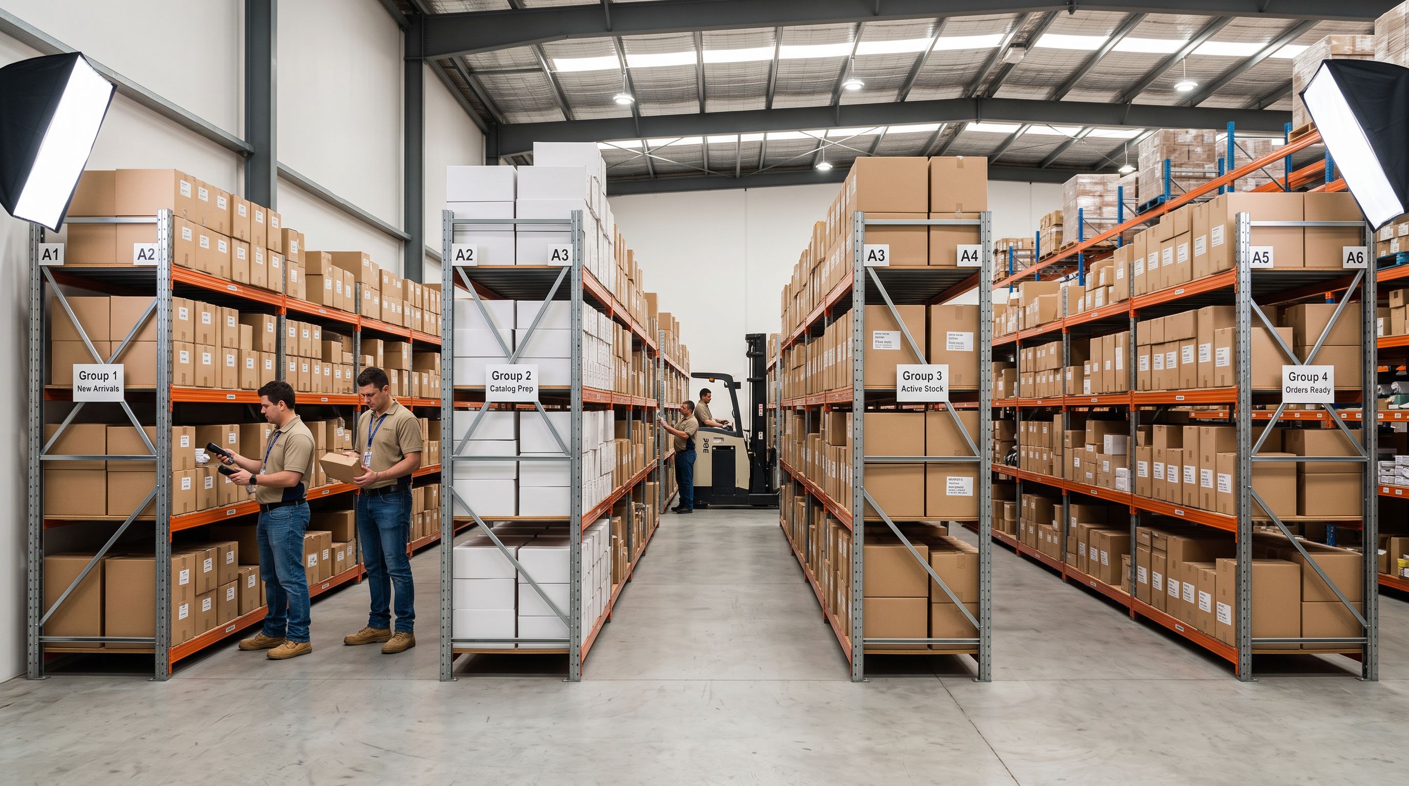 Warehouse stock room with merchandise boxes arranged in four systematic groups on industrial shelving representing a staged product catalogue launch