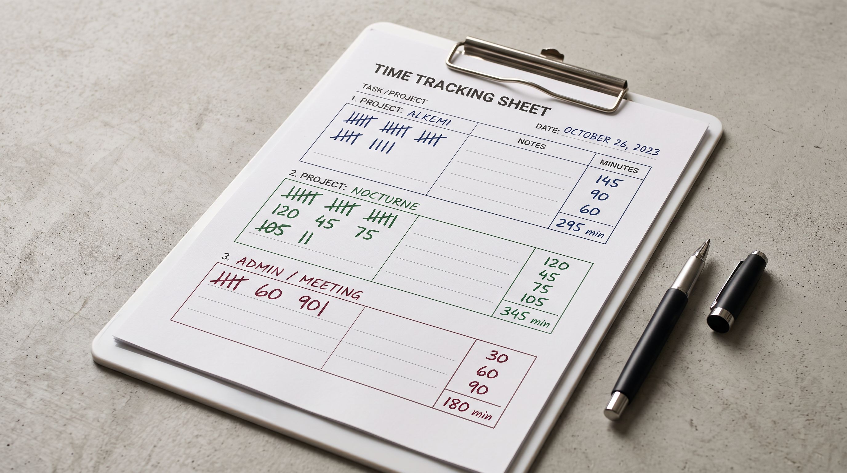 A printed time tracking worksheet showing three data-entry labour categories with minute tallies in different ink colours on a white clipboard.