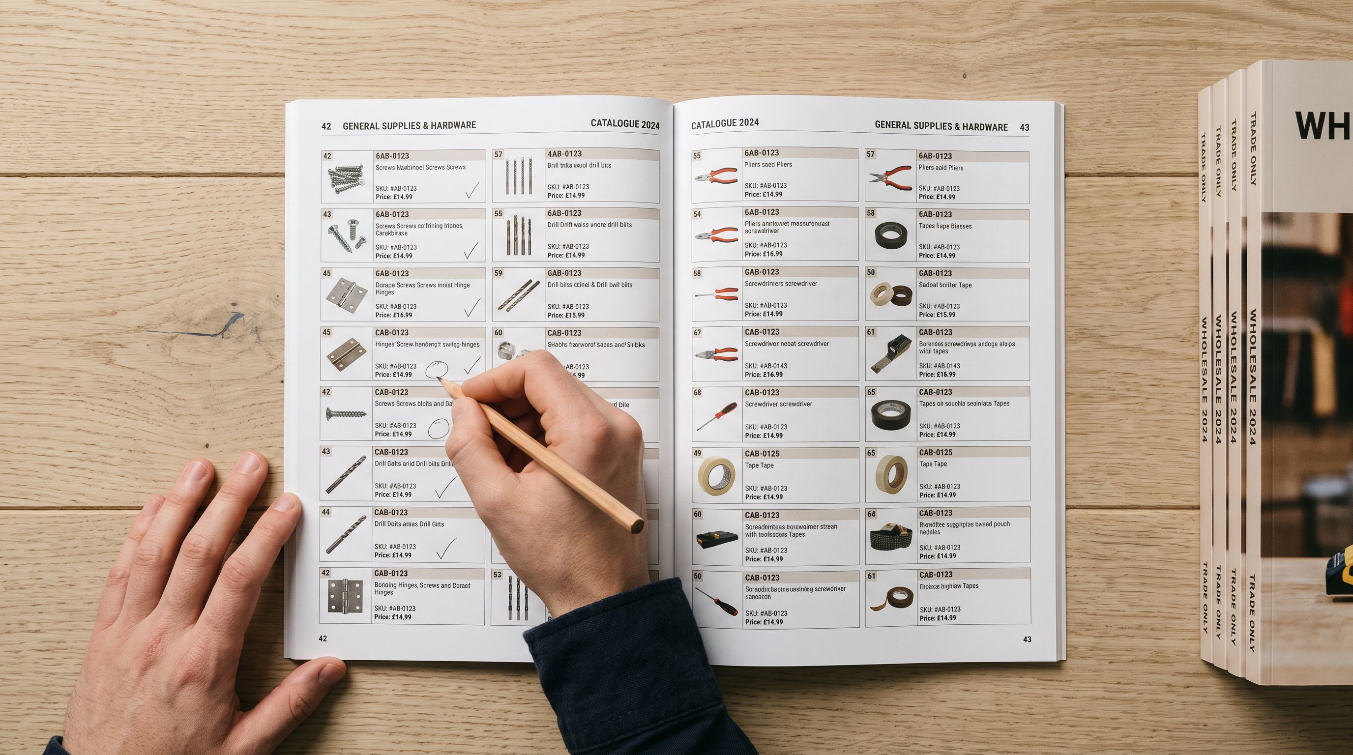 An open wholesale product catalogue on pale wood showing product rows with codes and prices, a pencil marking selected rows.