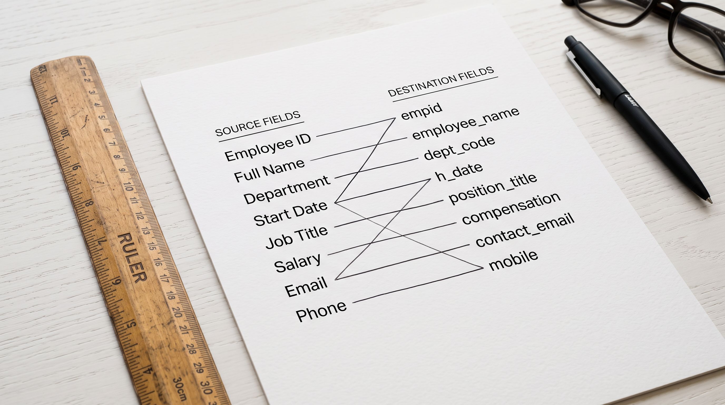 A printed column mapping diagram on white card showing source and destination field names connected by hand-drawn lines beside a ruler.