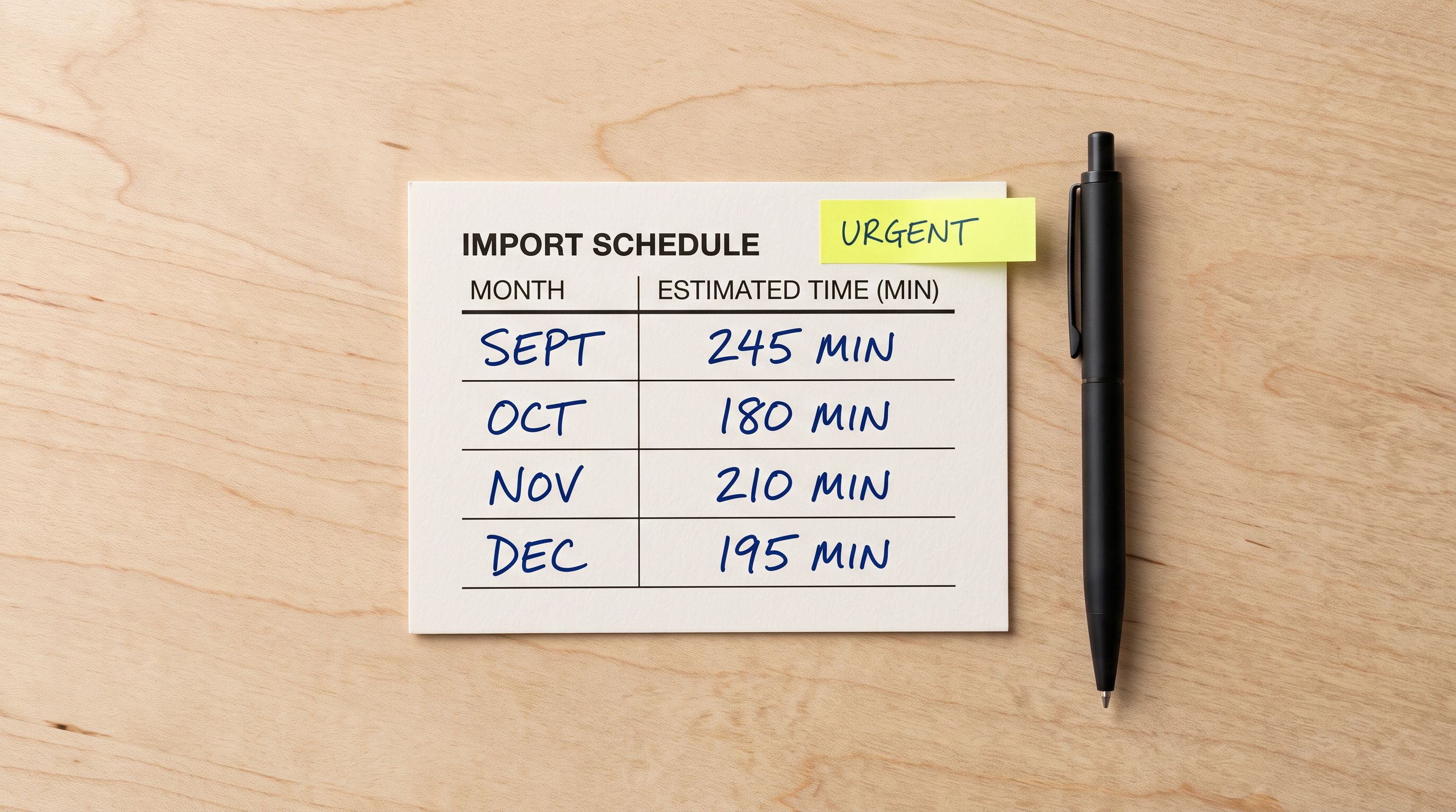 A printed four-row import schedule card on birch wood showing month labels and time figures, a sticky label in the corner.