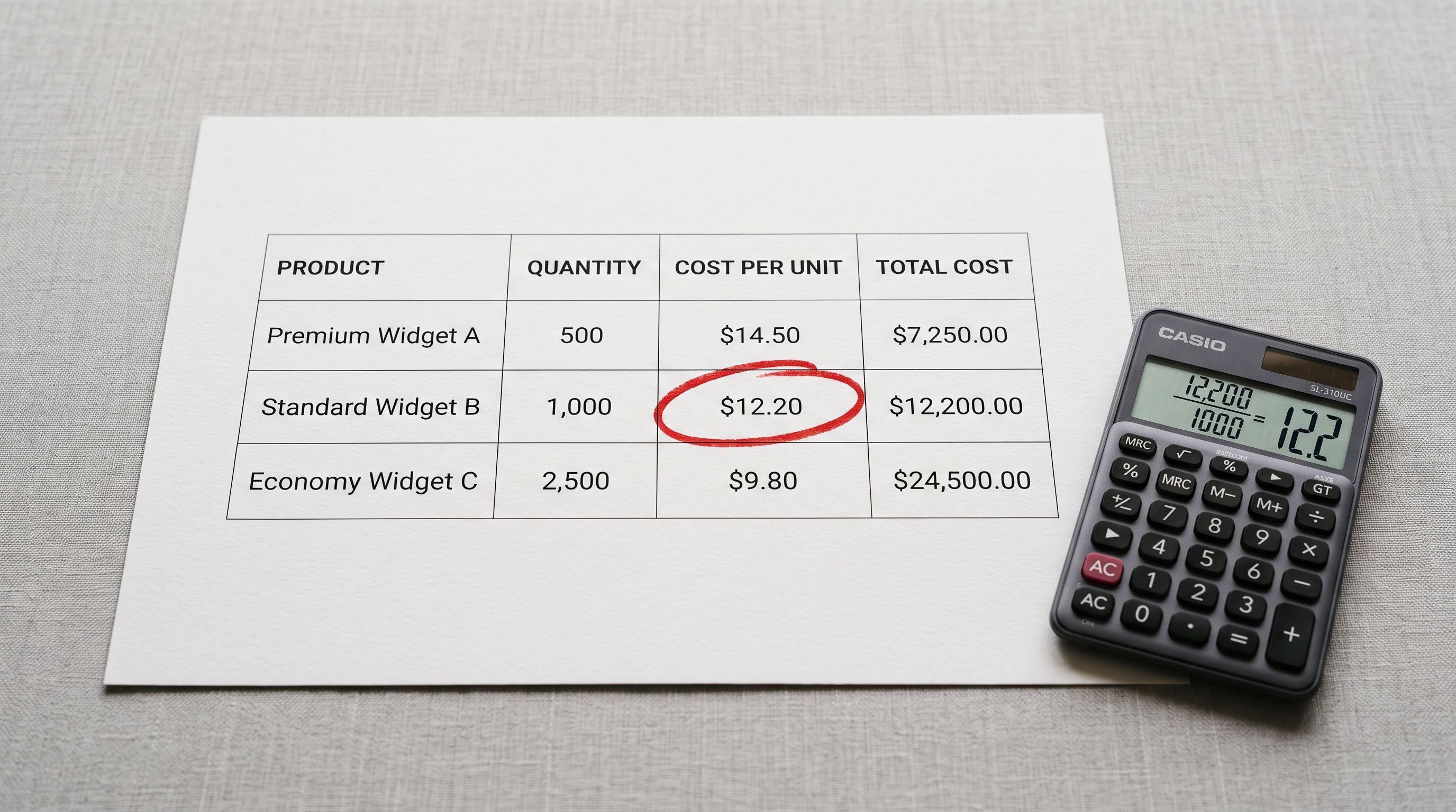 A printed three-row pricing table on light grey surface with one cost-per-unit figure circled in red, a calculator beside the sheet.