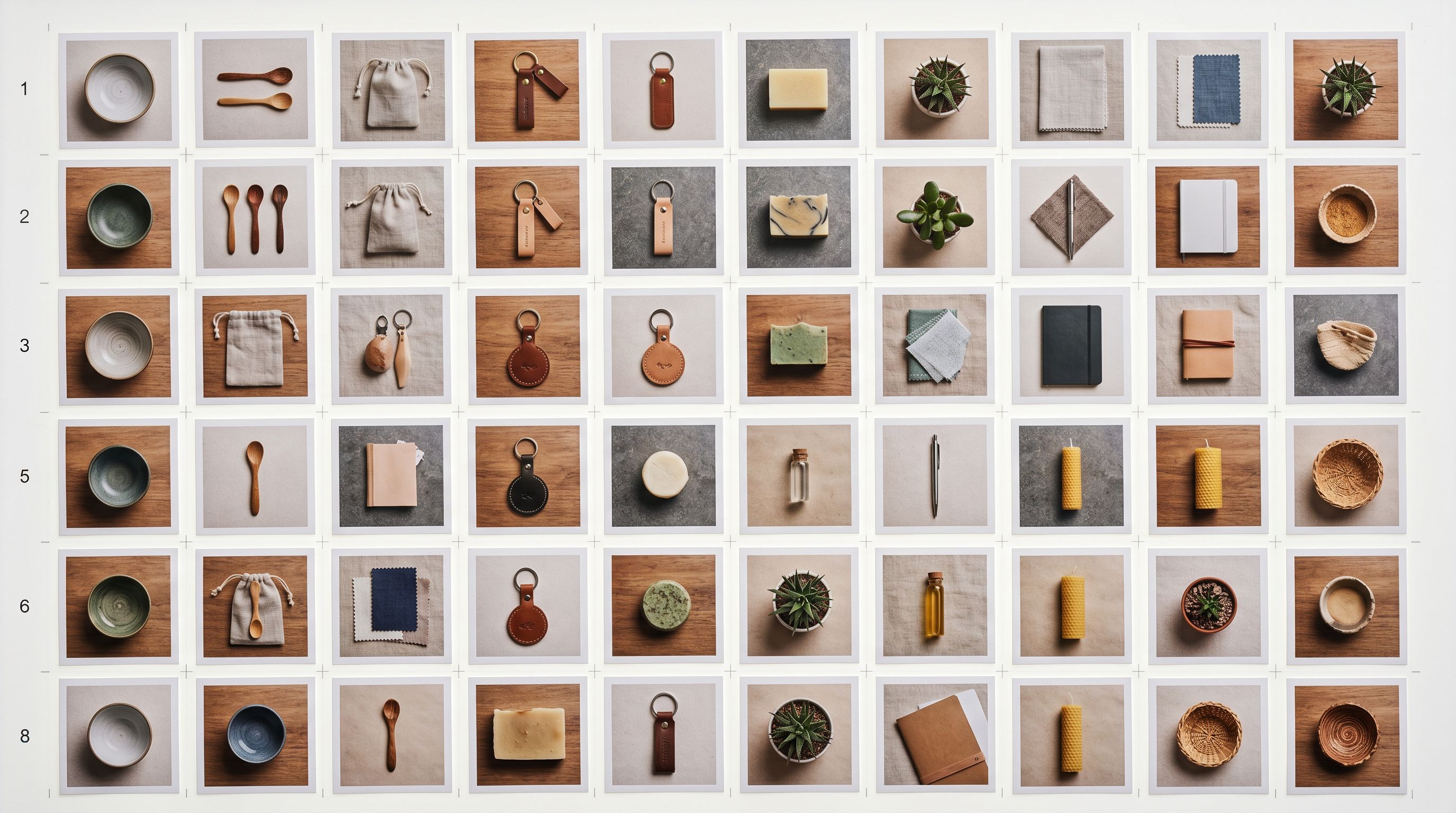 Grid of product photographs arranged in precise rows on a light table for batch processing.