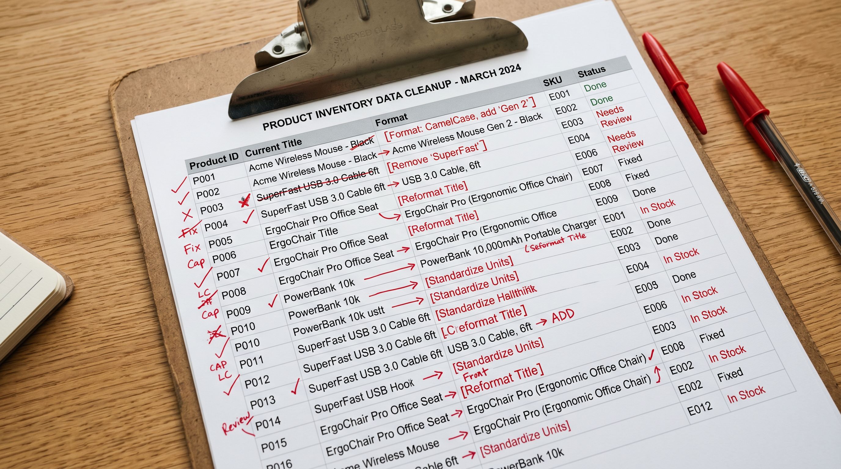 Printed inventory sheet on clipboard with red correction marks showing product title formatting.