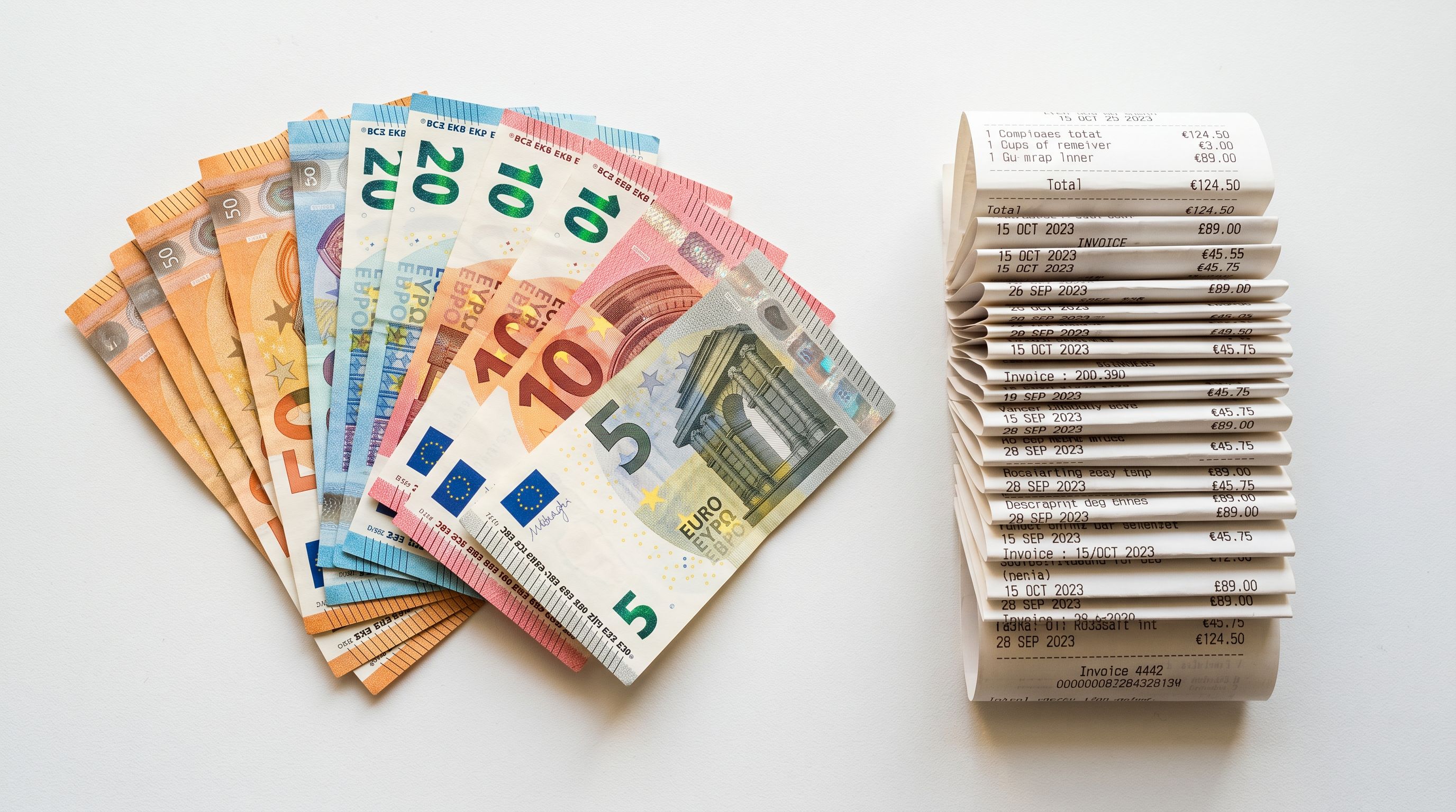 Fanned European banknotes beside folded printed receipts representing foreign currency conversion.