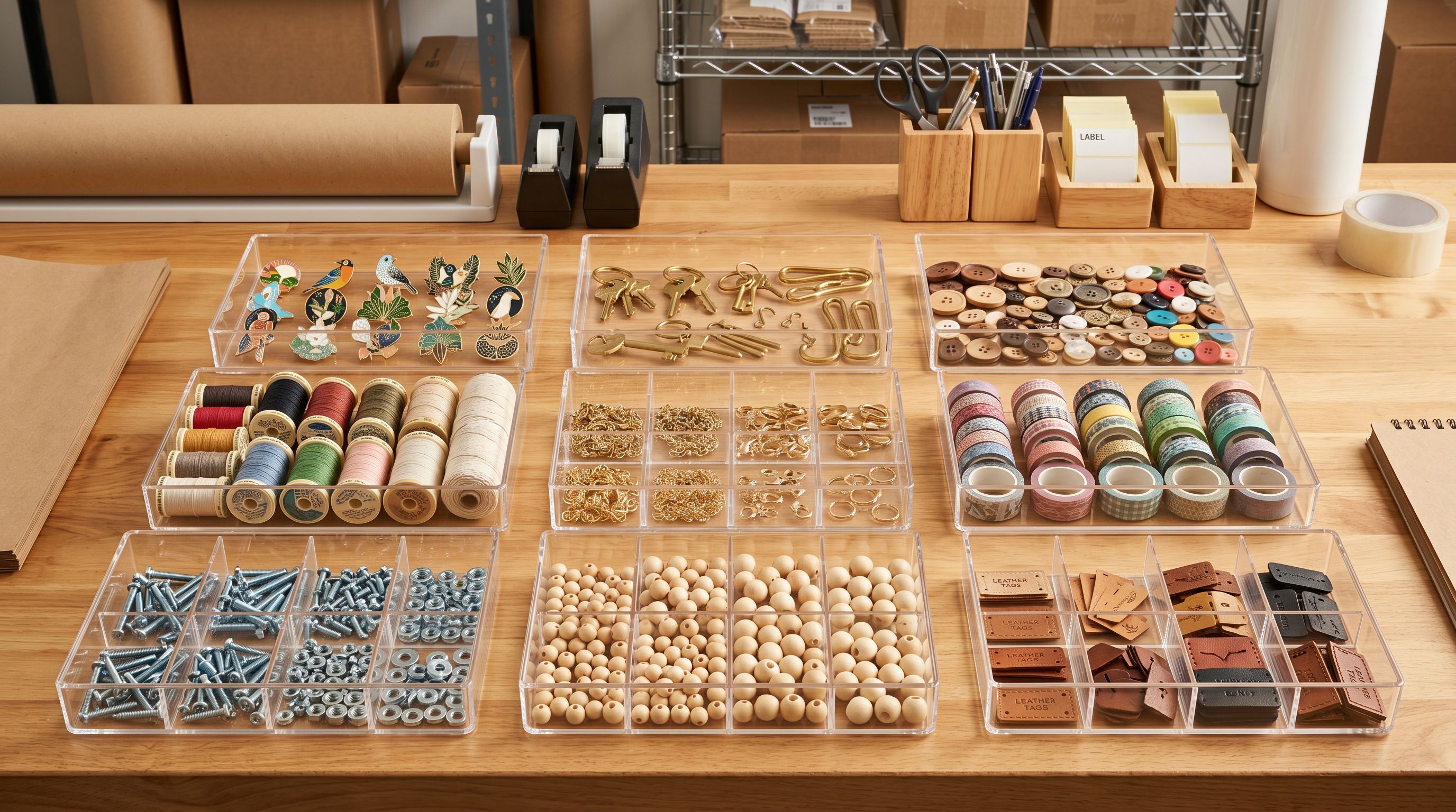 Clear acrylic sorting trays with categorised products in a systematic grid on a workbench.