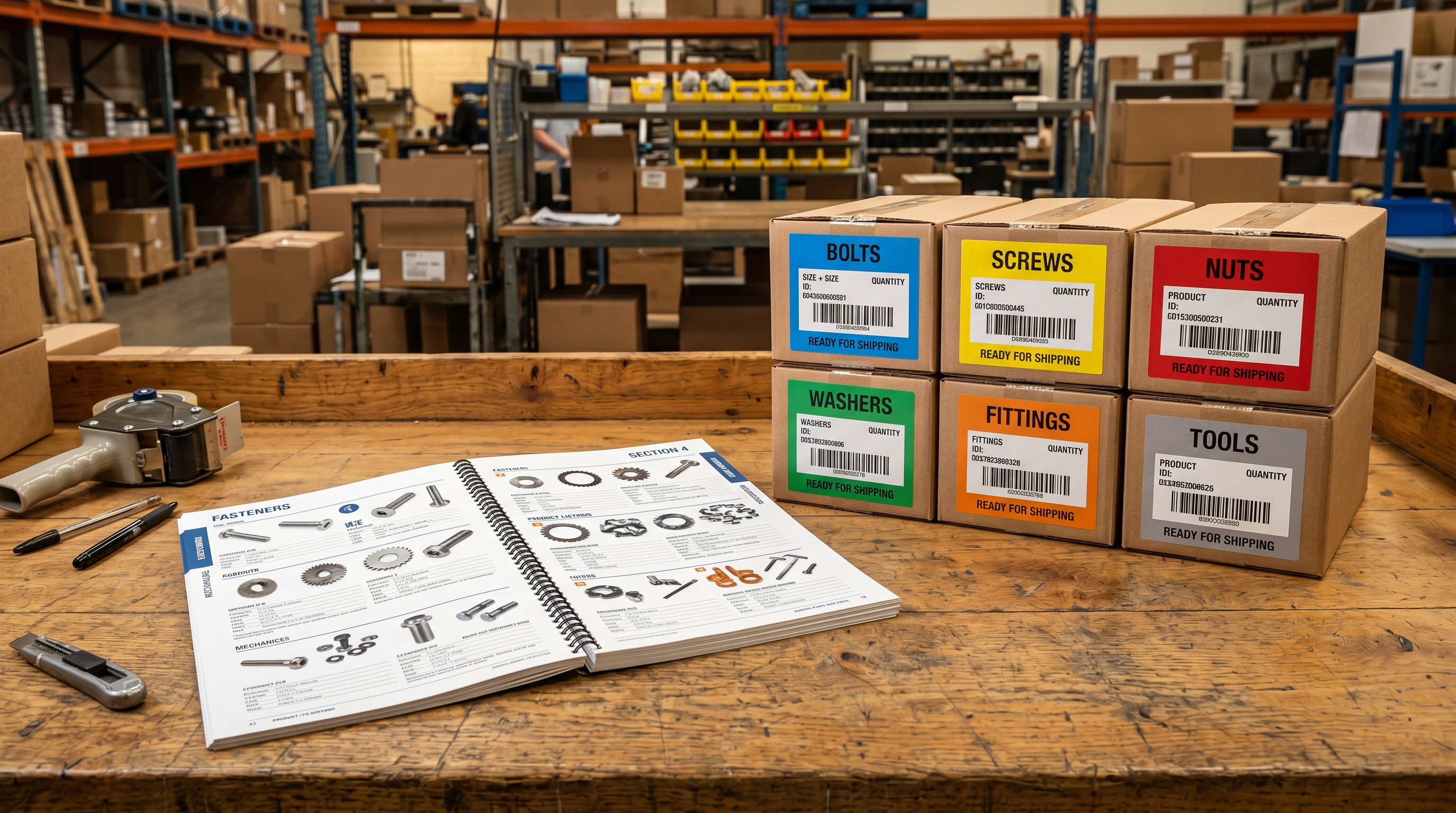 Printed supplier catalogue on dispatch bench beside colour-coded product boxes ready for fulfillment