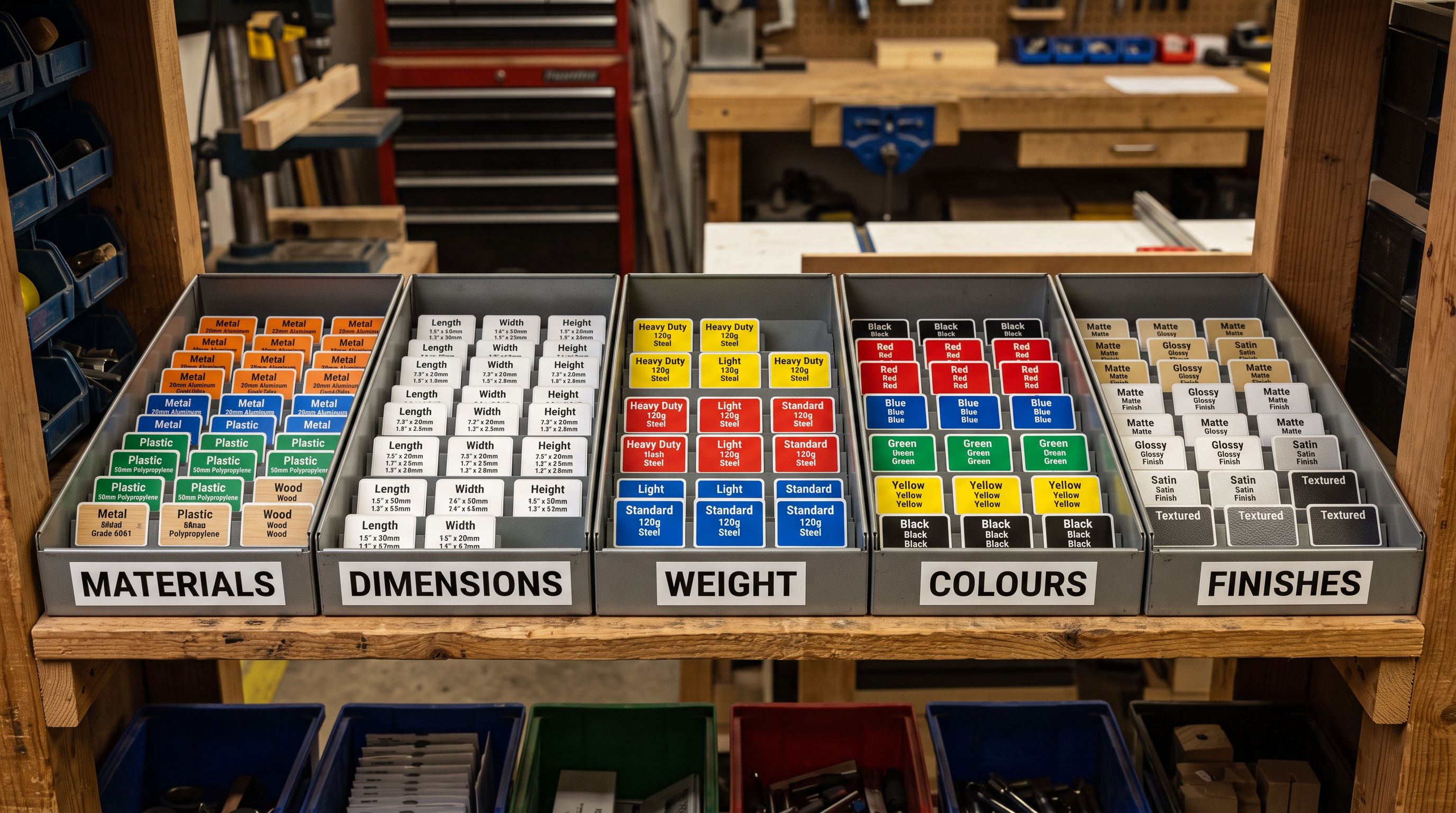 A set of colour-coded product specification labels sorted into physical filing trays on a workshop shelf, representing distinct data categories assigned to individual products.