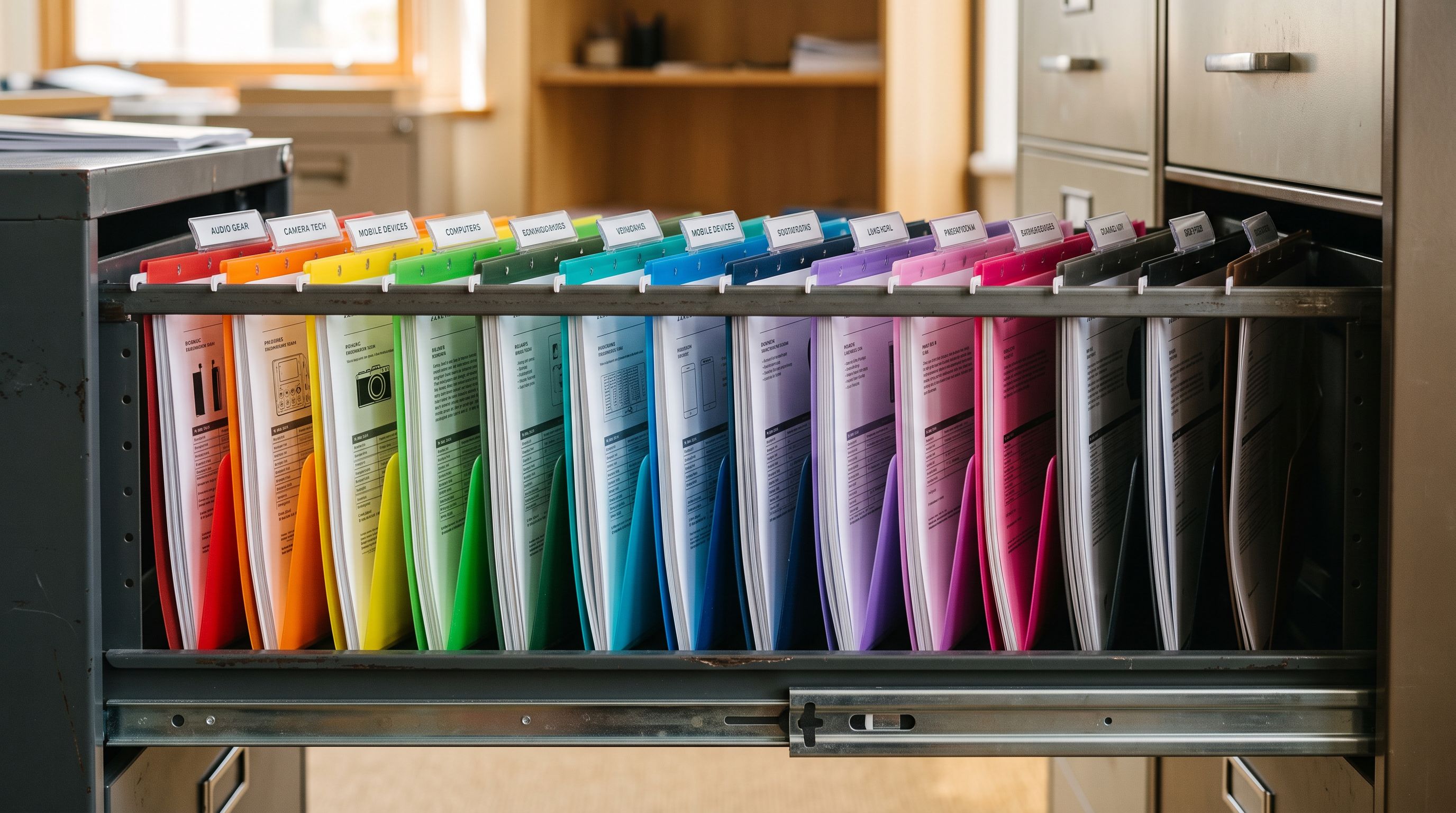 A row of matching product specification sheets inside clear labelled folders in a filing cabinet drawer, each folder a different colour representing a distinct product category.