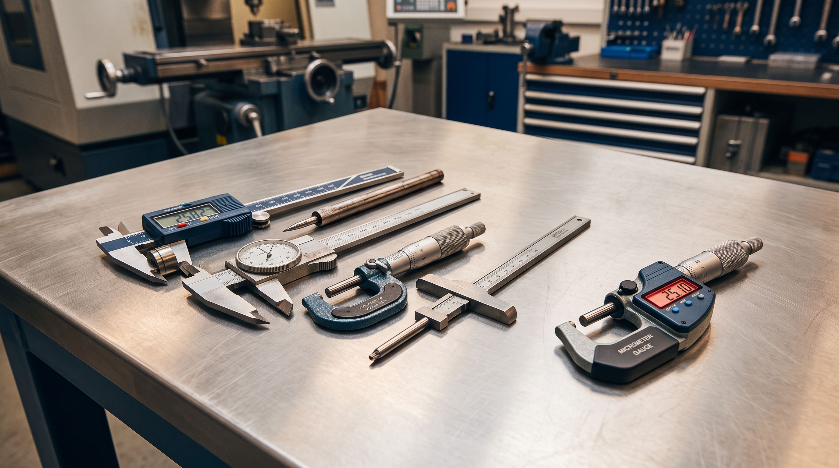 Precision engineering calipers arranged on a steel surface with one gauge positioned separately from the group.