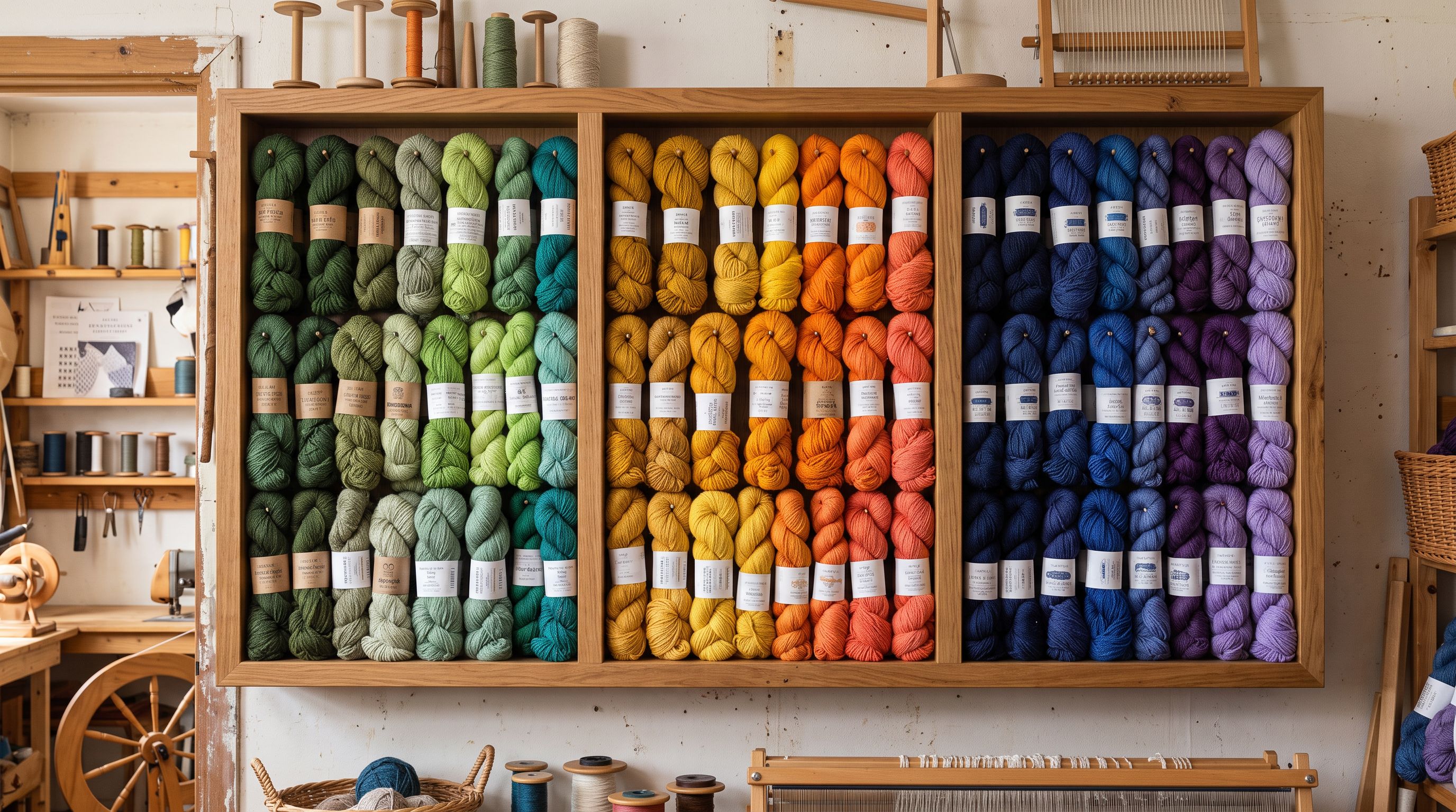Yarn skeins in distinct colour families separated into three compartments on a wooden display board.