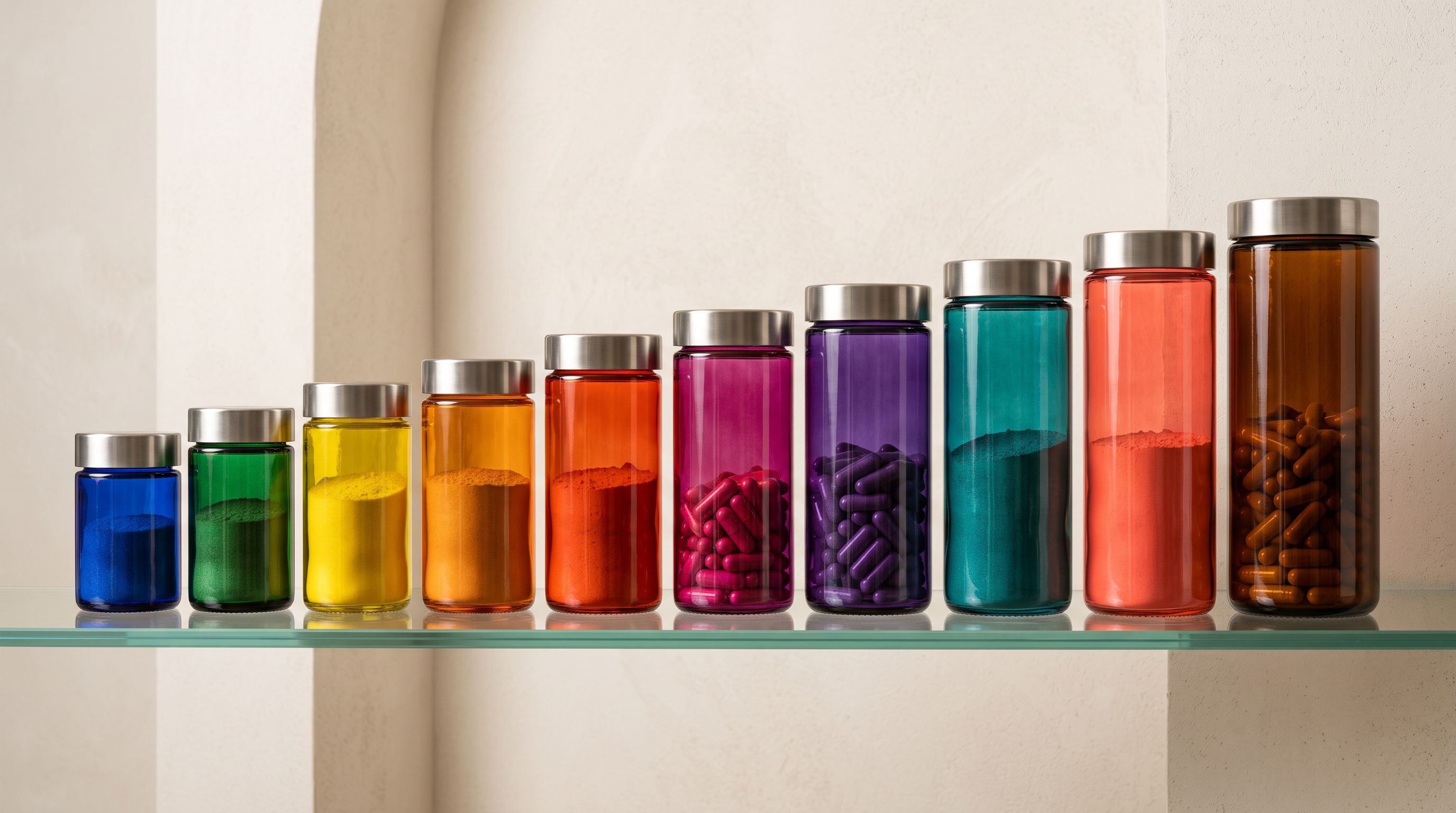 Row of cylindrical supplement containers in graduated sizes displayed on a glass retail shelf.