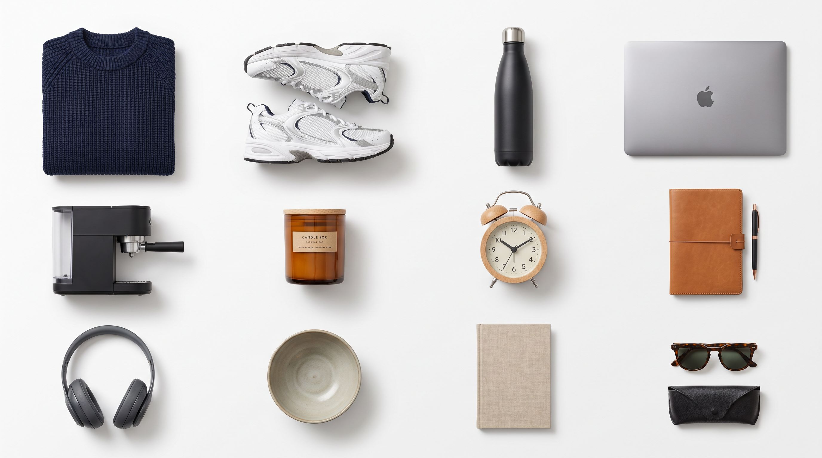 Twelve varied consumer products arranged overhead on a clean white surface including folded knitwear, athletic shoes and a candle.