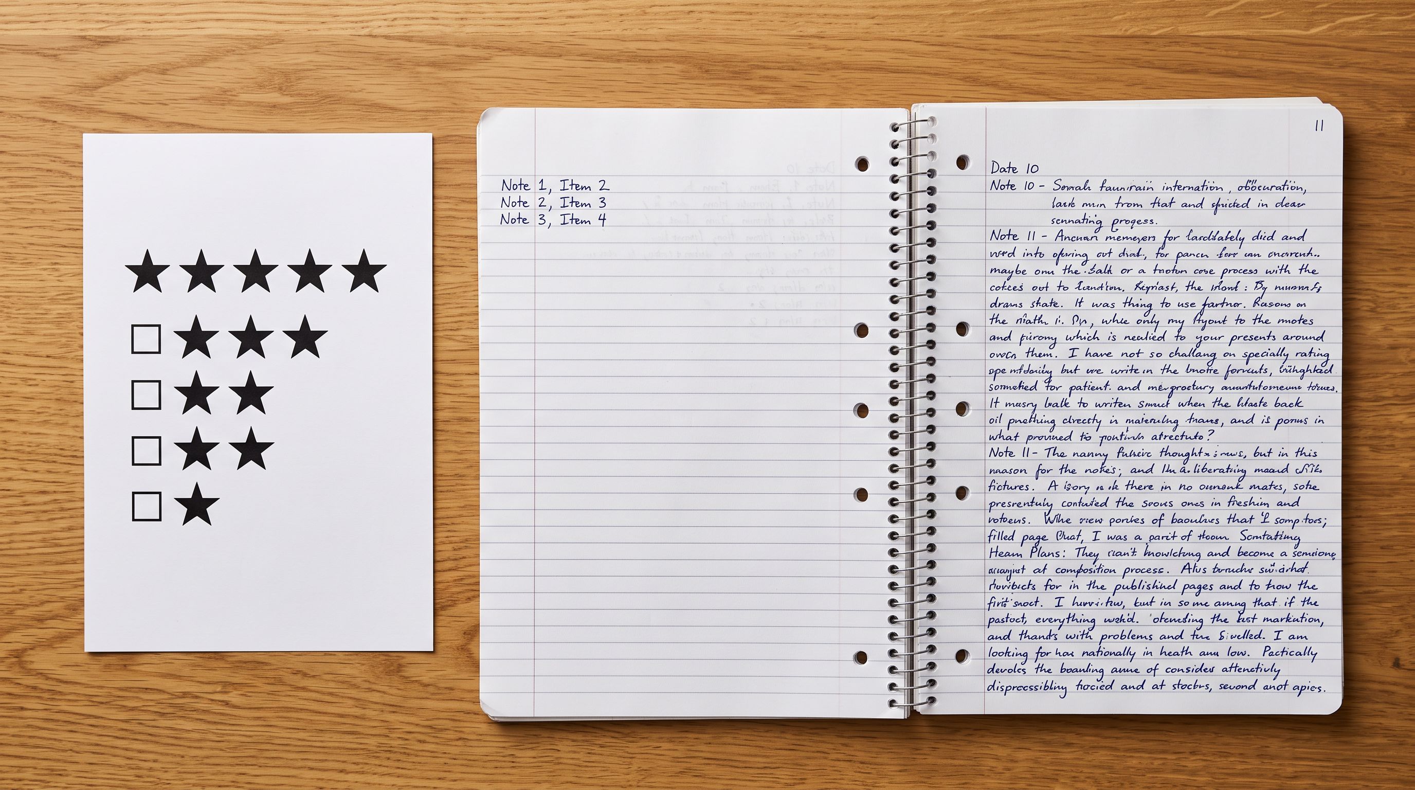 Five-star rating form on white paper beside two open spiral notebooks showing handwritten entries of different lengths on a clean wooden desk.
