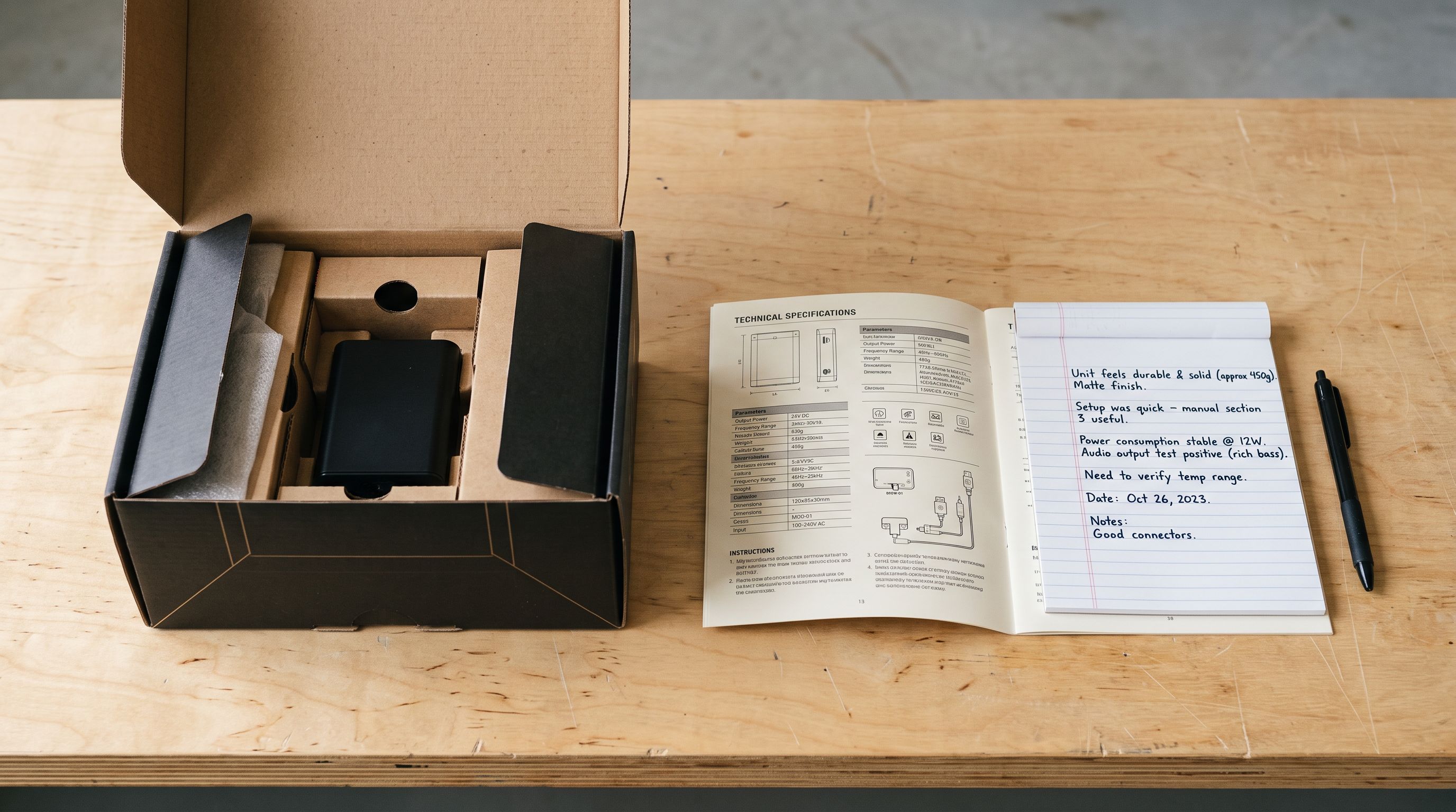 Product packaging box open on a work surface beside a printed instruction manual and a handwritten page of product observations, natural light.